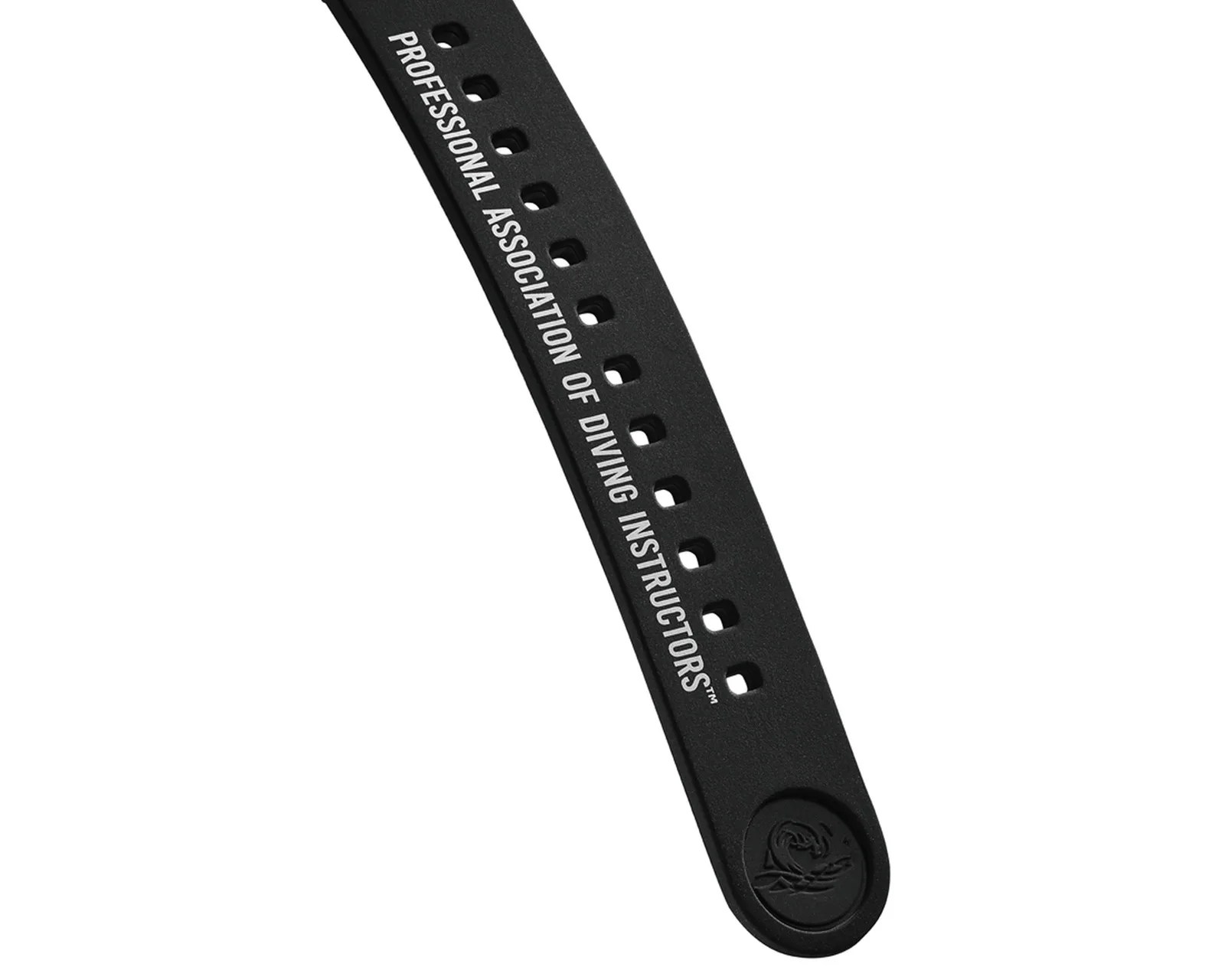 Black rubber watch strap with multiple adjustment holes and "Professional Association of Diving Instructors" text in white.