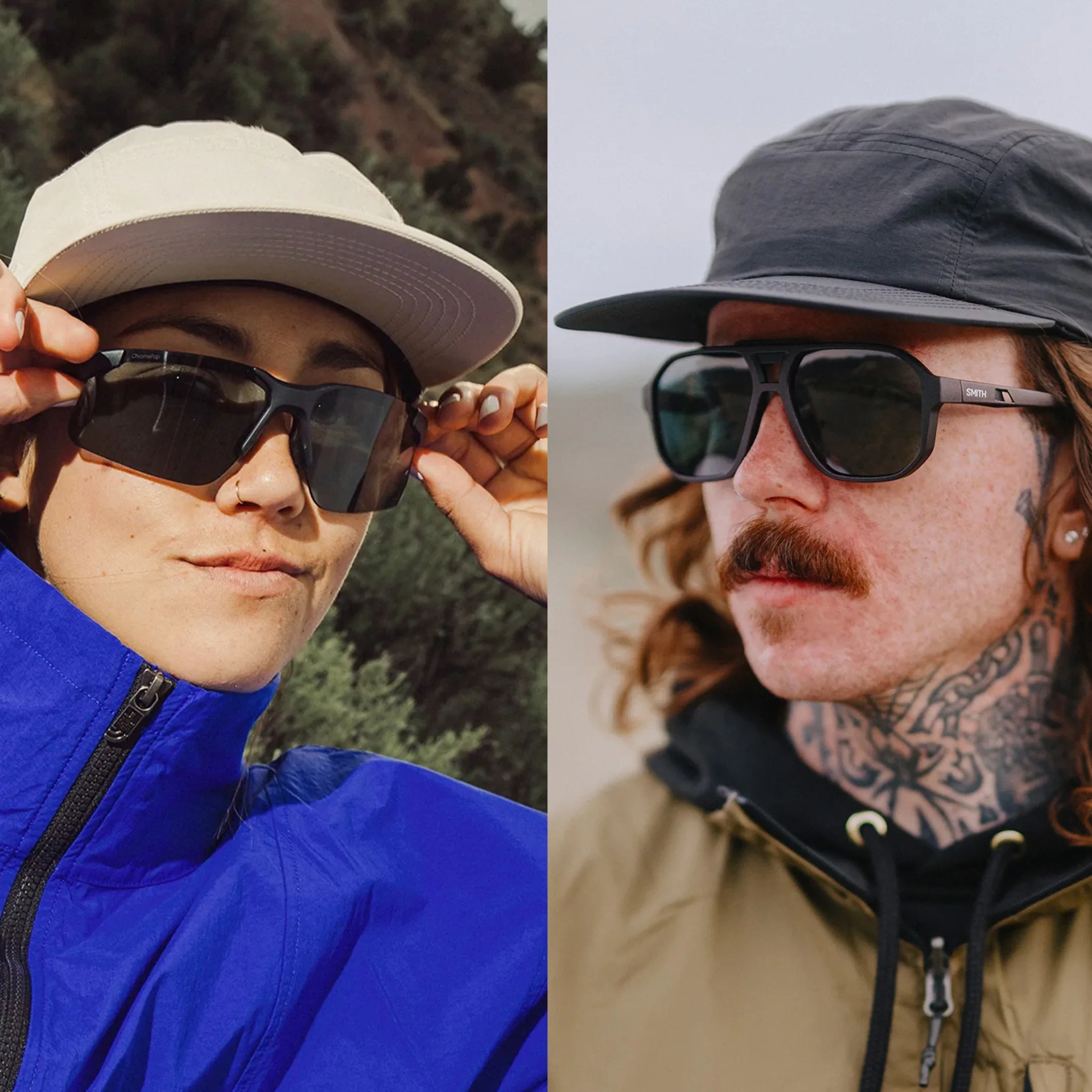 Split image showing two people wearing black sunglasses and five-panel caps, one in a white cap and blue jacket, the other in a gray cap and tan jacket.