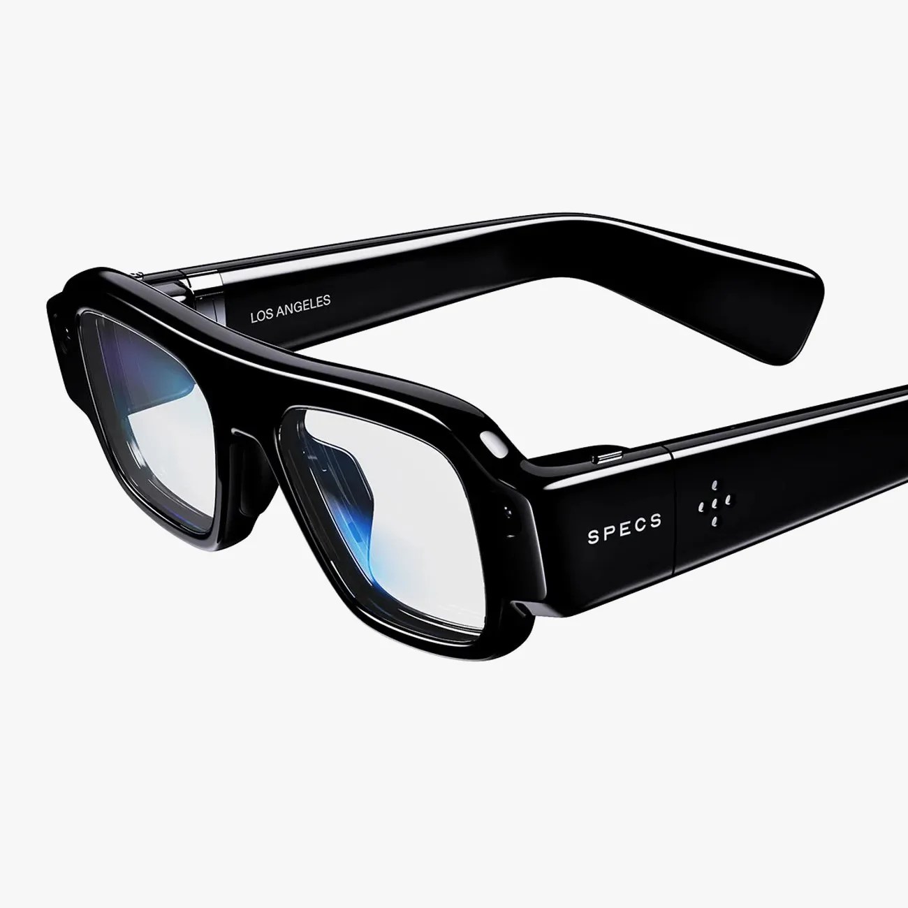Glossy black rectangular eyeglasses with thick frames and clear lenses showing blue light reflection.