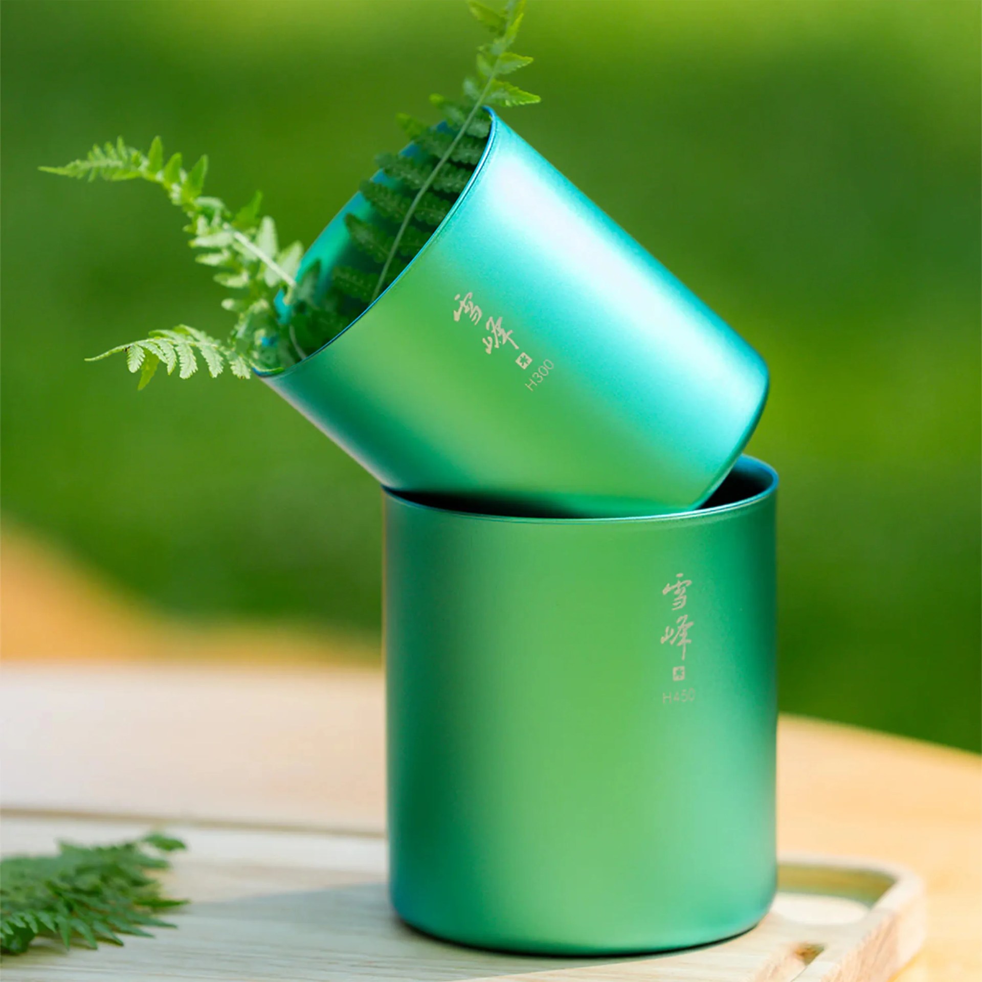 Two stacked matte green metal cups with Chinese characters, one containing fern leaves, on a wooden surface.