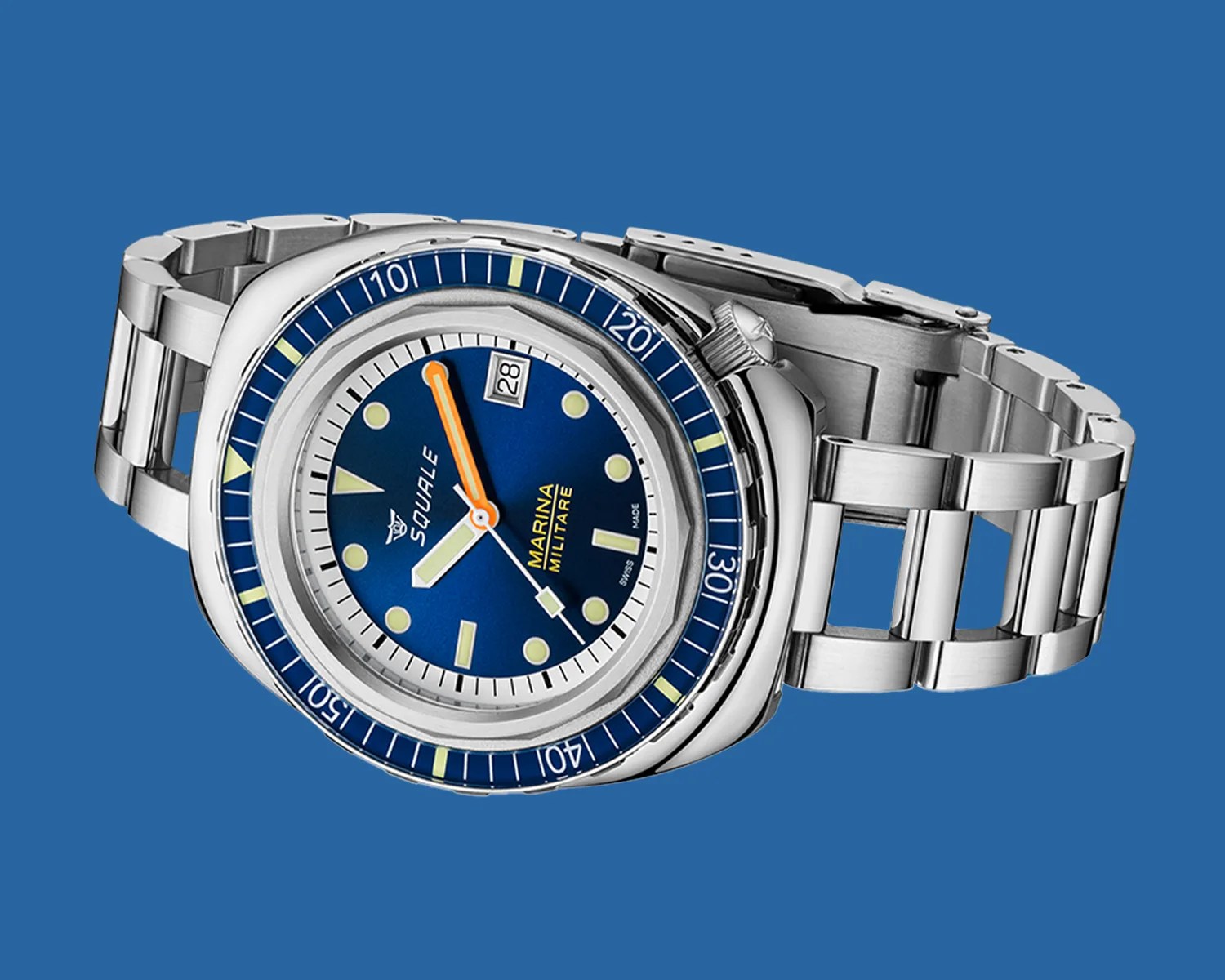 Stainless steel Squale Marina Militare dive watch with blue dial, orange minute hand, and date window at 3 o'clock.