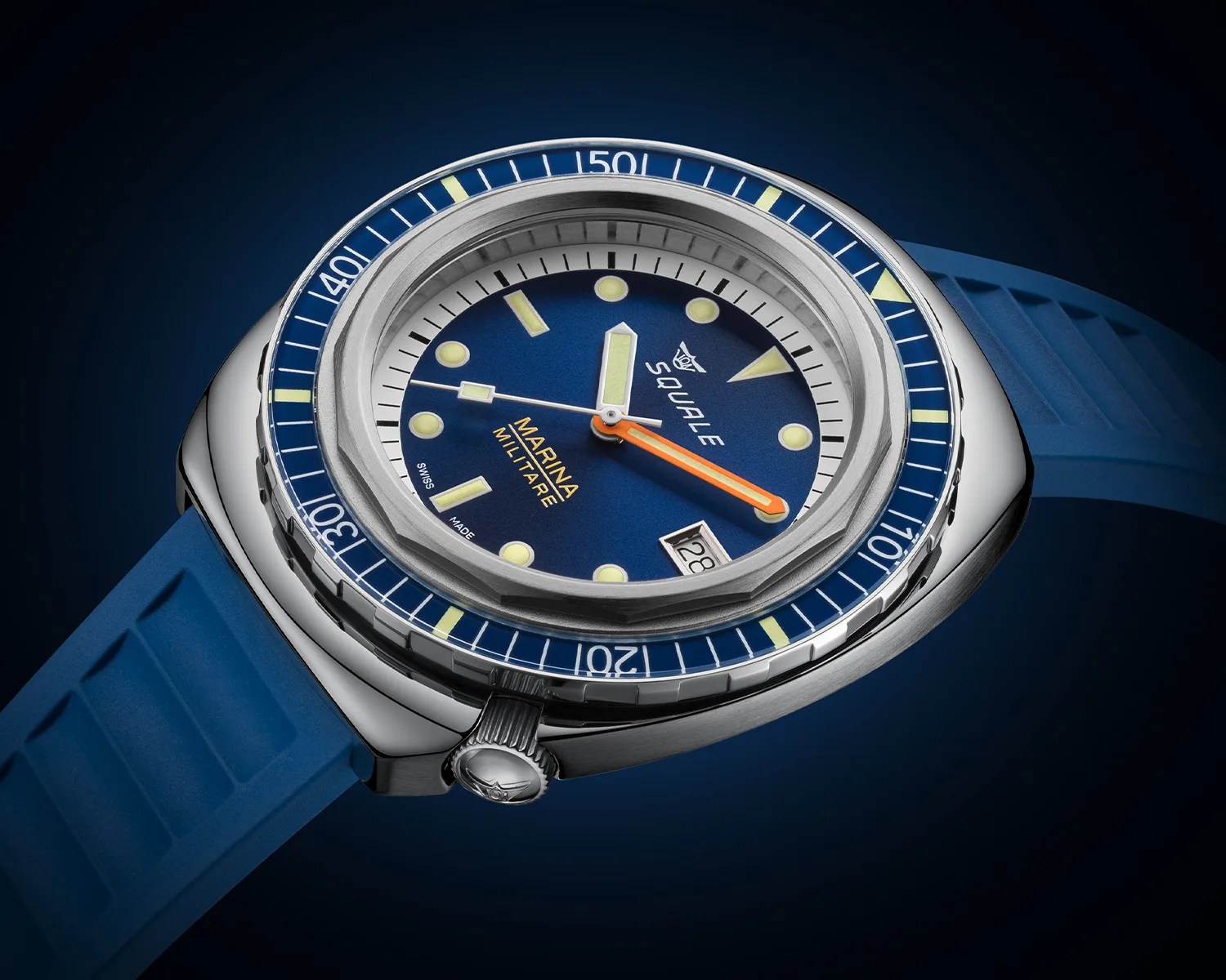 Blue Squale Marina Militare dive watch with orange minute hand and blue rubber strap.
