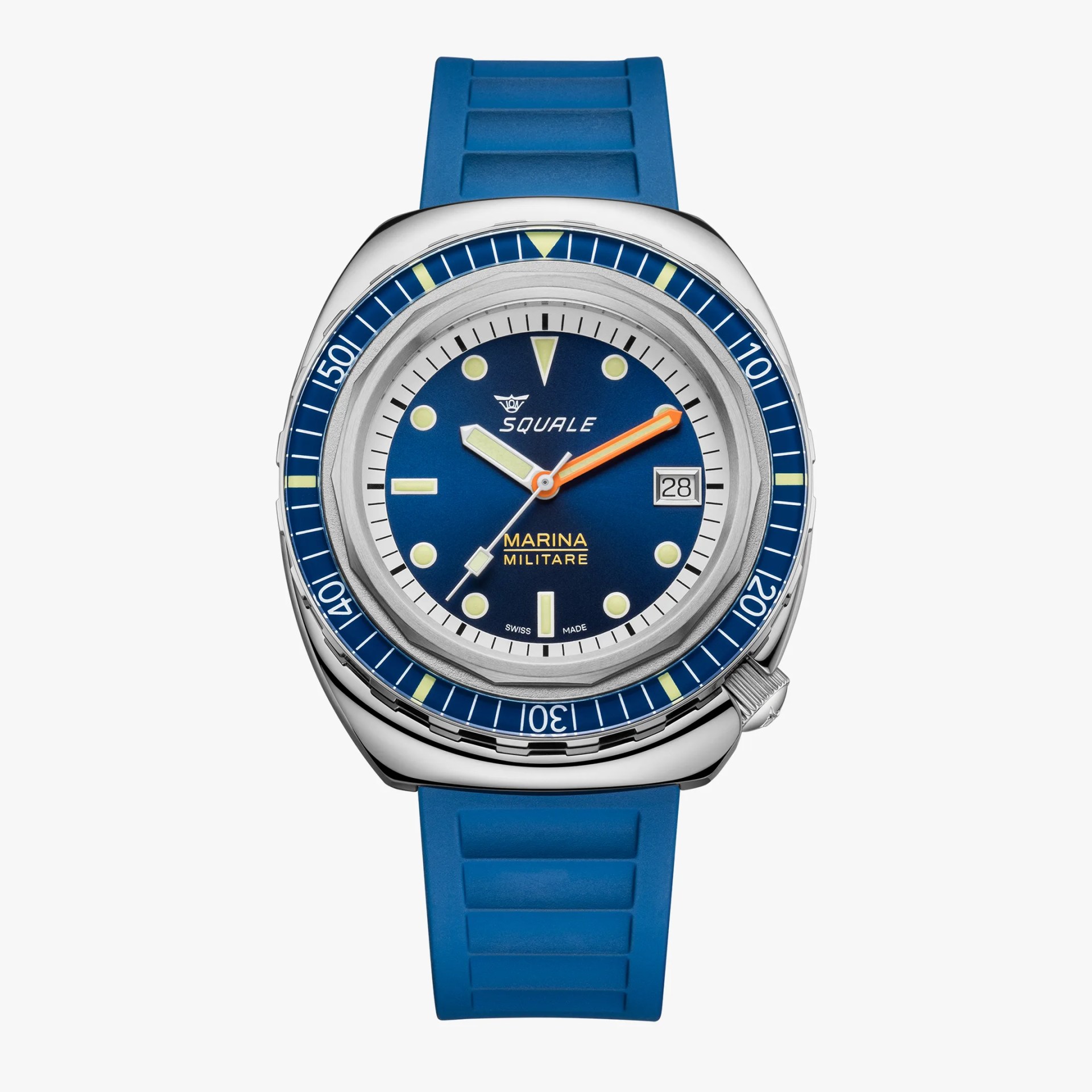 Blue dial Squale Marina Militare watch with orange second hand and blue rubber strap.