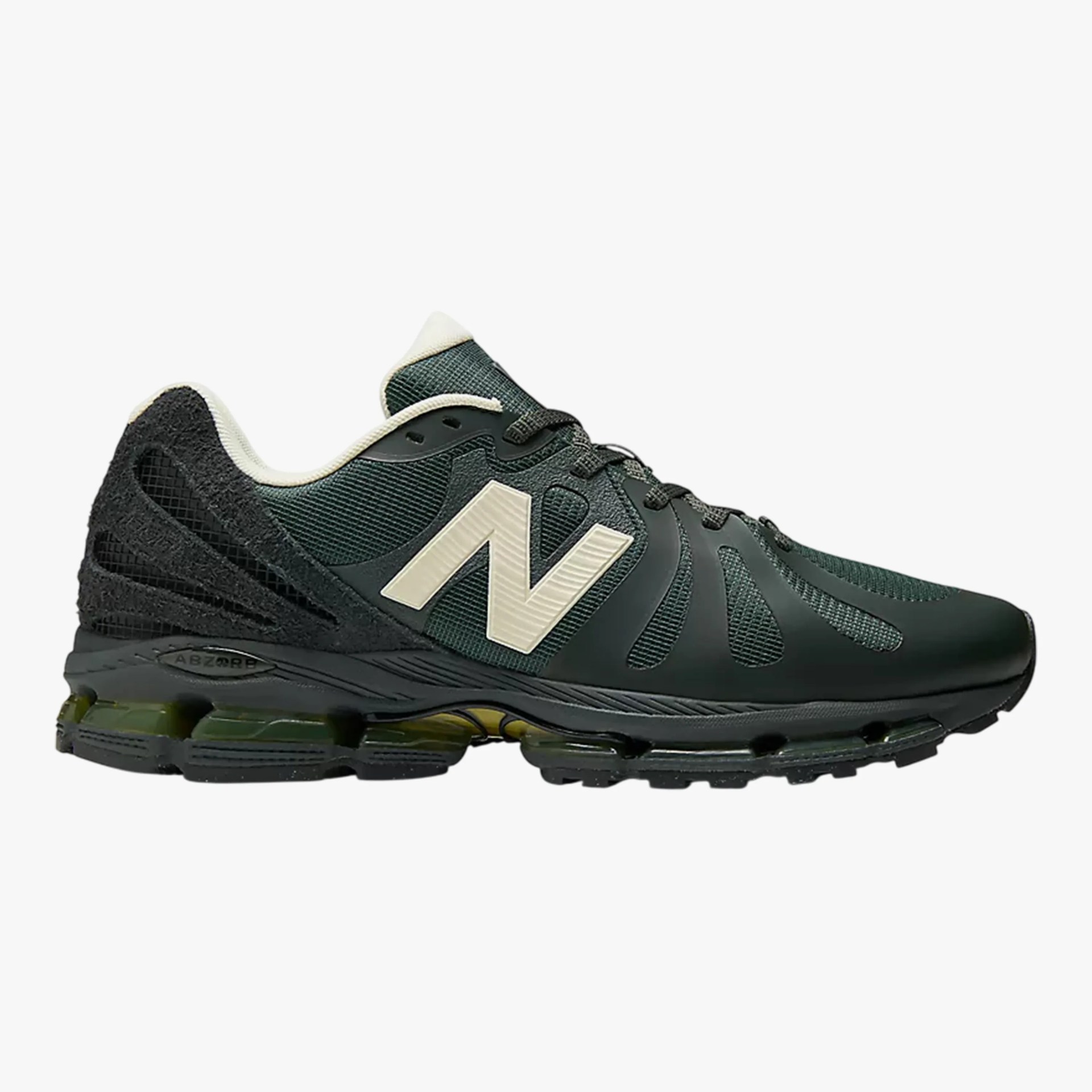 Dark green and black New Balance sneaker with beige logo and cushioned sole.