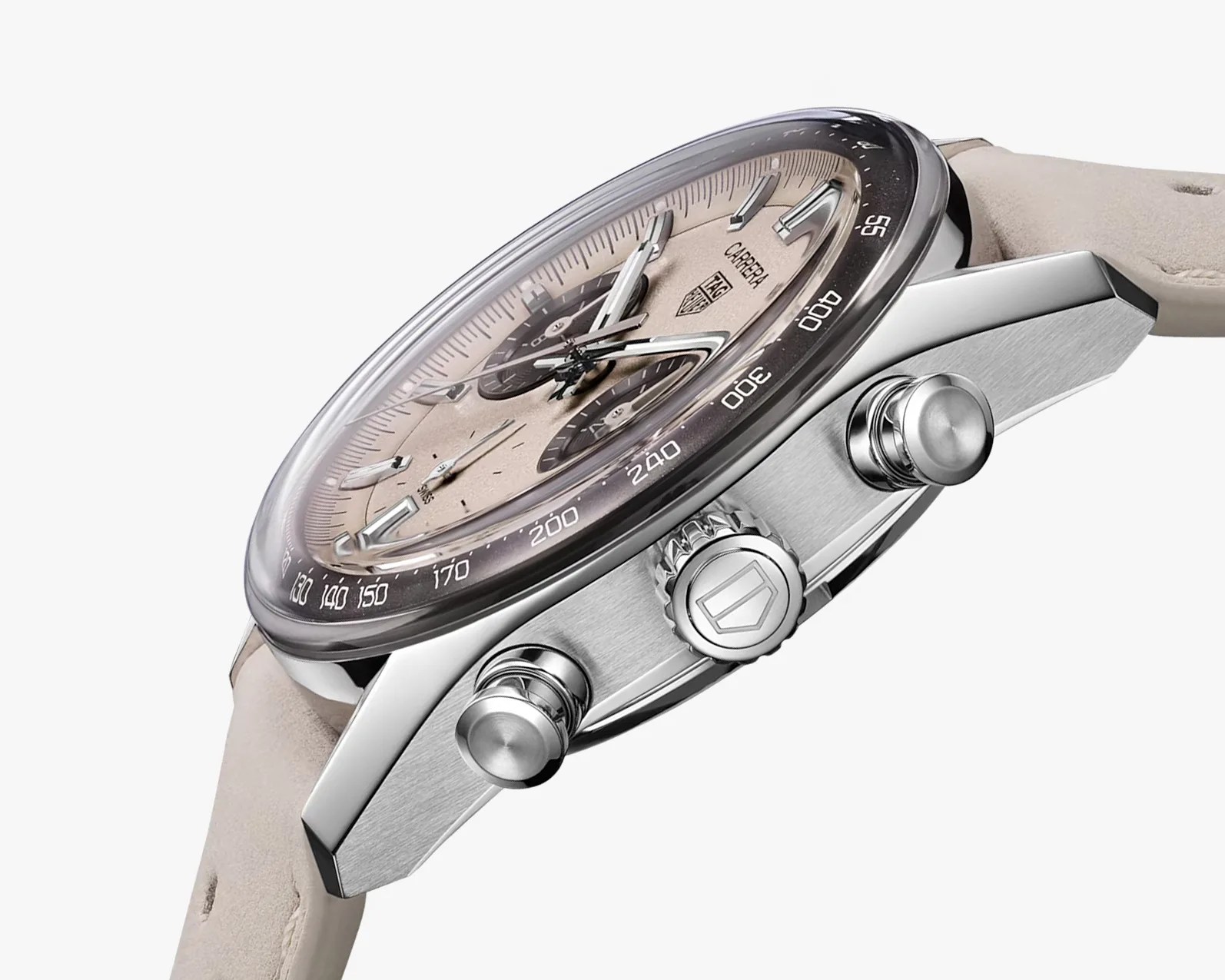 Close-up of a TAG Heuer Carrera watch with a beige dial, black subdials, stainless steel case, and light beige leather strap.