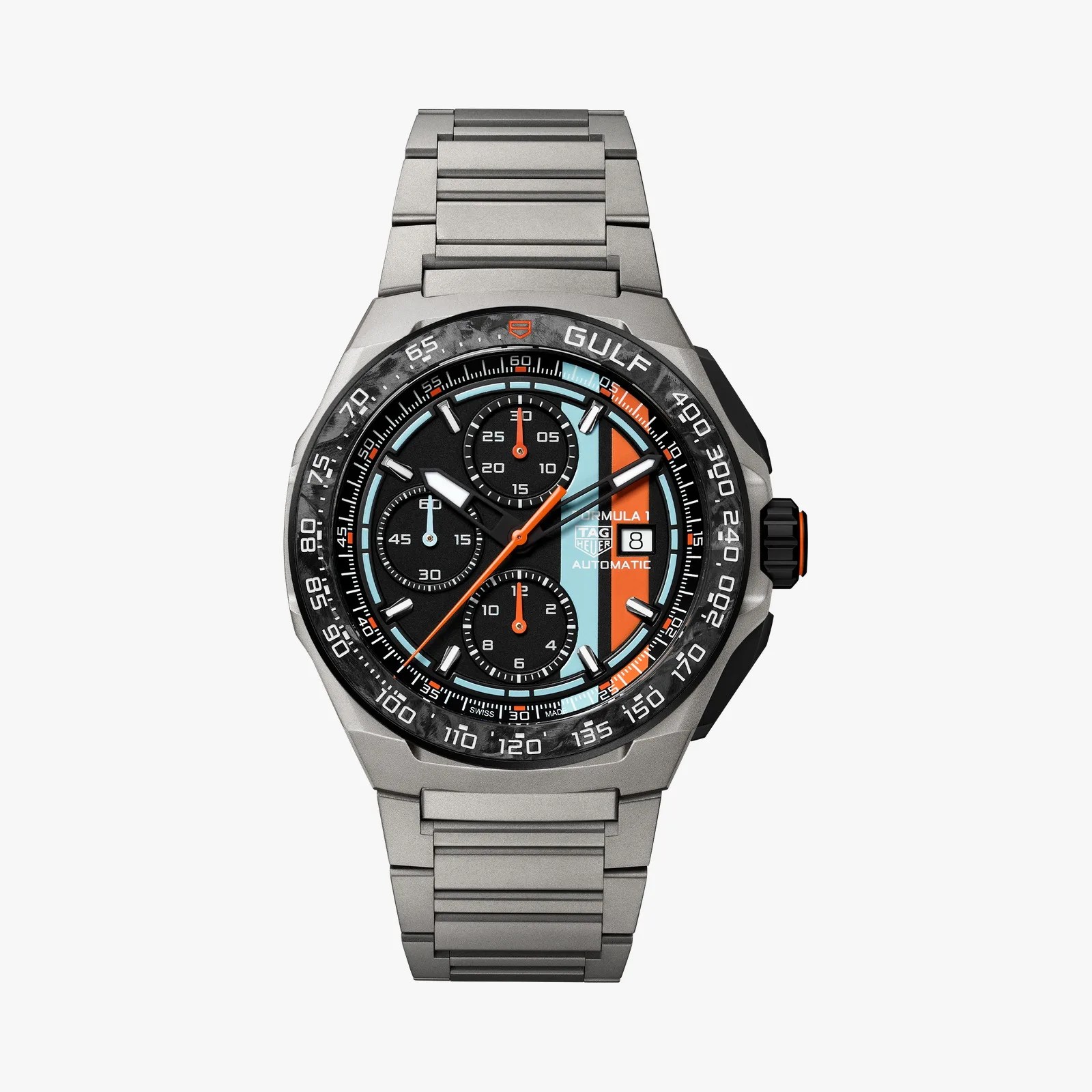 Silver metal bracelet watch with black dial, blue and orange racing stripes, three subdials, and tachymeter bezel.