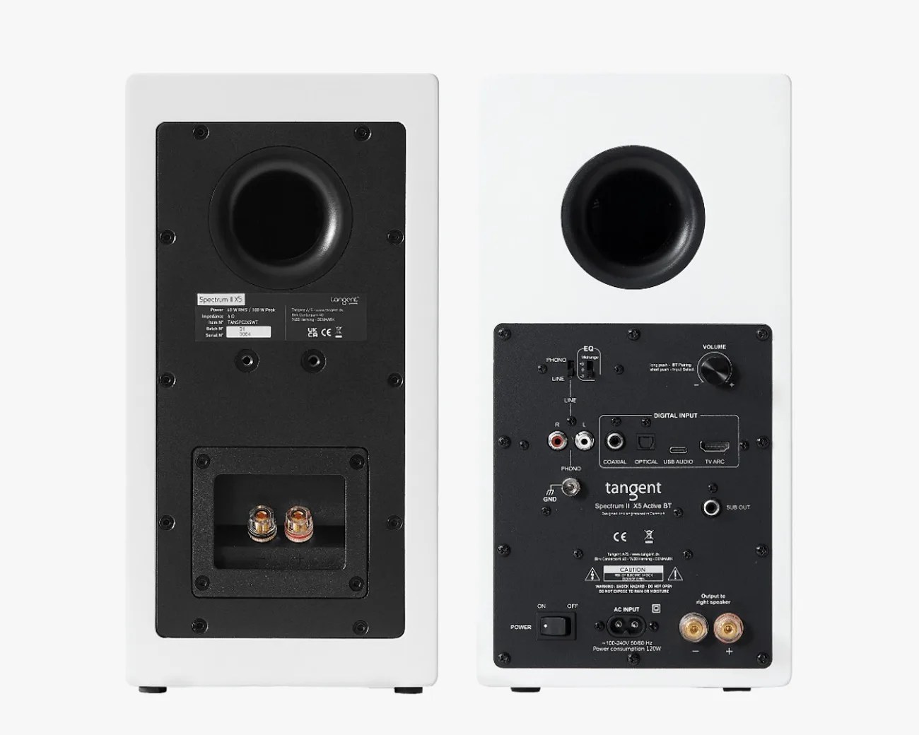 Pair of white Tangent Spectrum II X5 active Bluetooth speakers showing rear panels with ports, controls, and bass reflex ports.