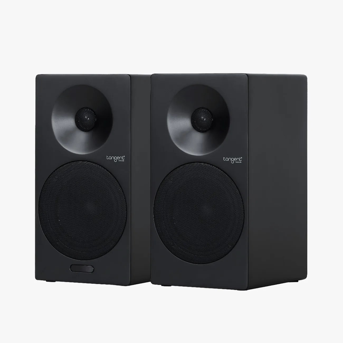 Pair of black Tangent bookshelf speakers with round grilles and tweeters on a white background.