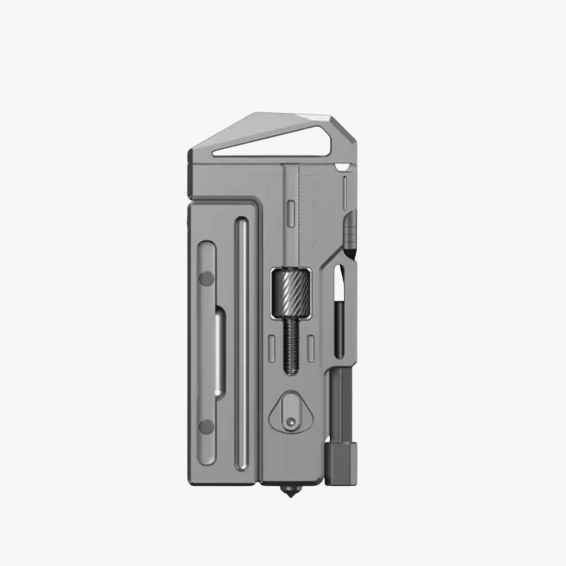 Gray multi-tool with a built-in wrench, screwdriver, and other compact tools in a folded position.