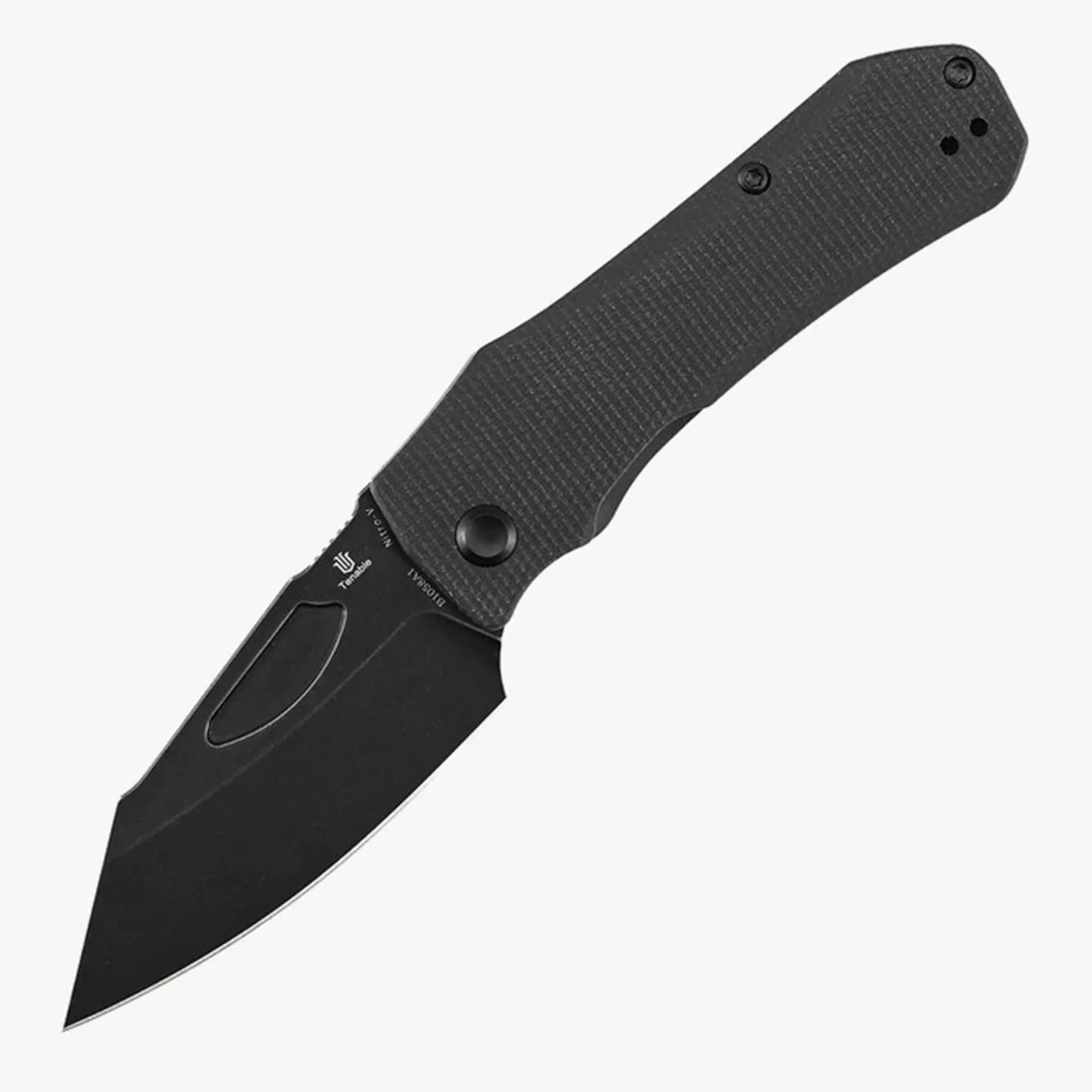 Black folding knife with textured handle and partially serrated blade.