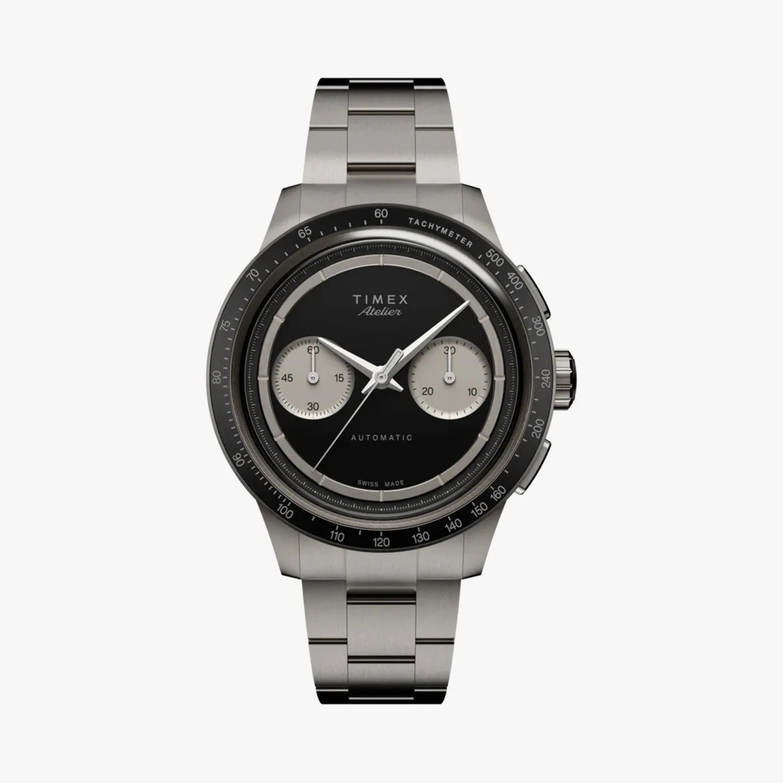 Titanium Timex Atelier automatic watch with black dial, two subdials, and tachymeter bezel.
