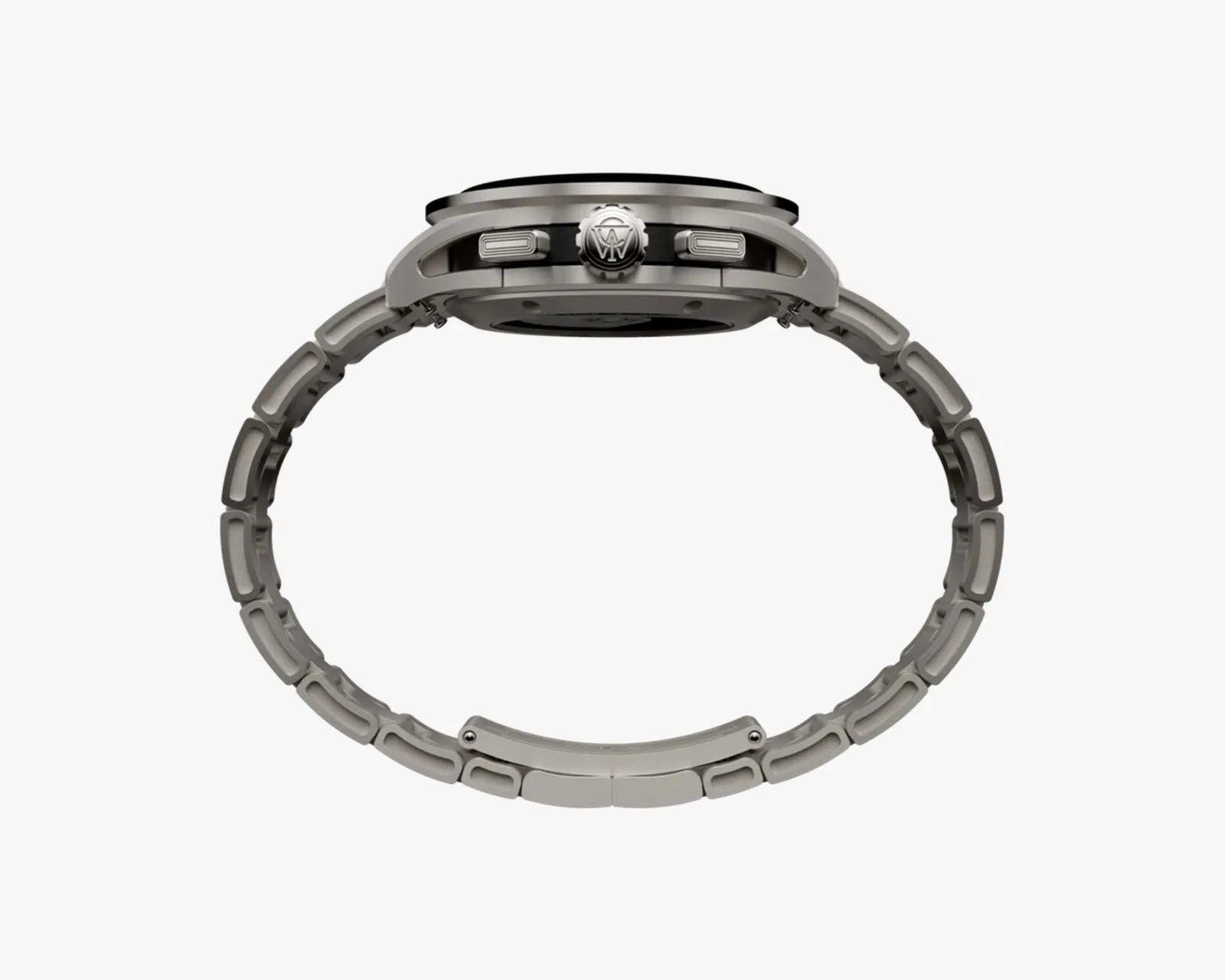 Side view of a silver metal wristwatch with a linked bracelet and three buttons on the case.