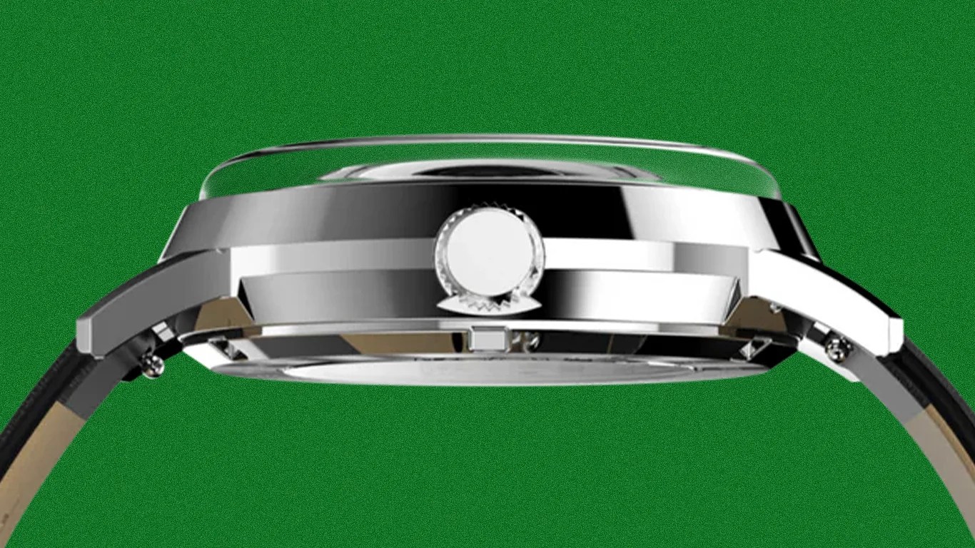 Side view of a polished silver watch case with a crown and black leather strap against a green background.