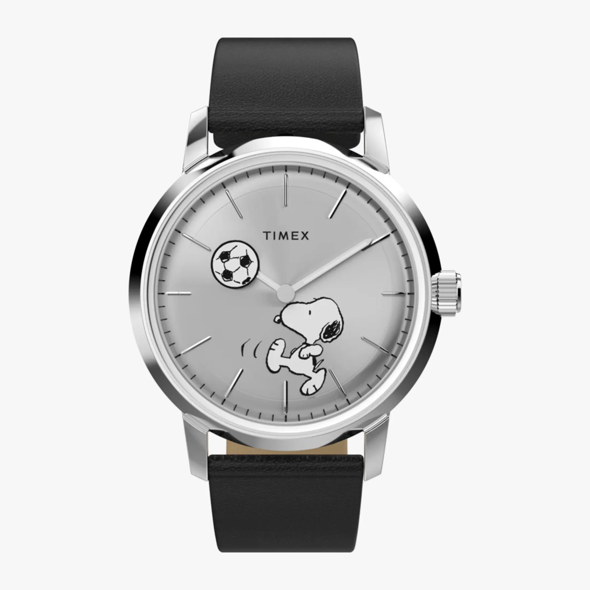 Silver Timex wristwatch with black leather strap and Snoopy playing soccer on the dial.
