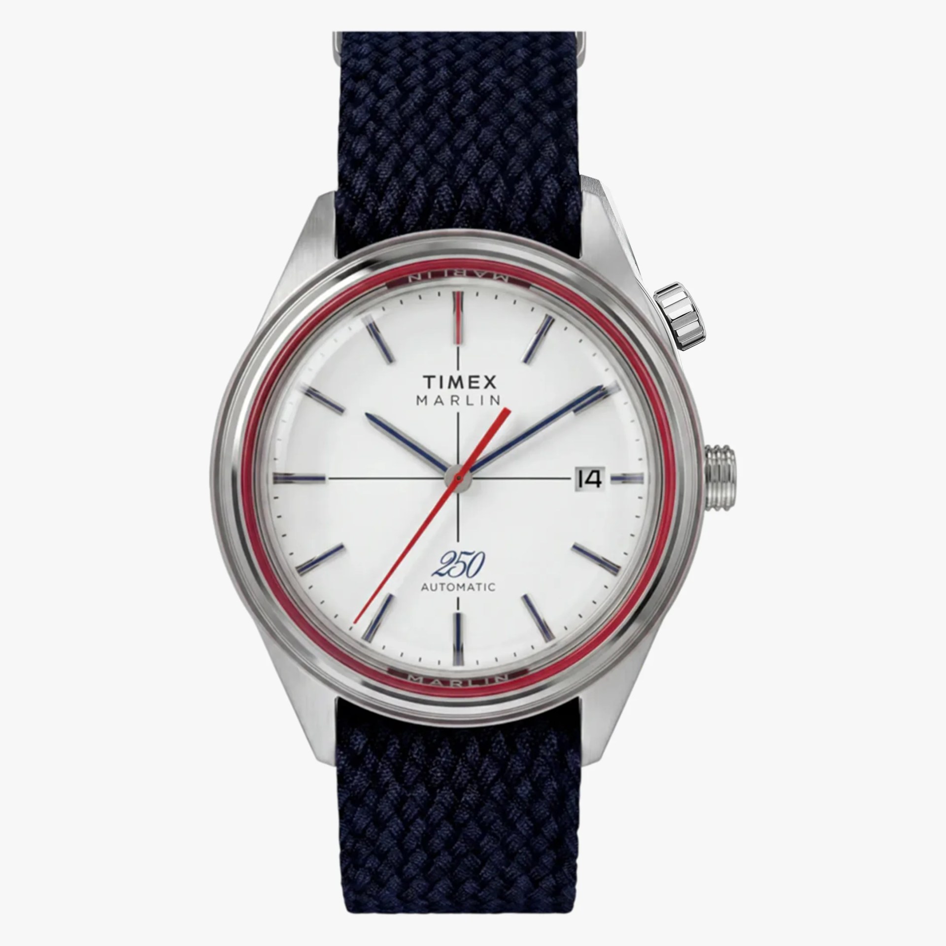 Silver Timex Marlin automatic watch with white dial, red second hand, and navy woven strap.