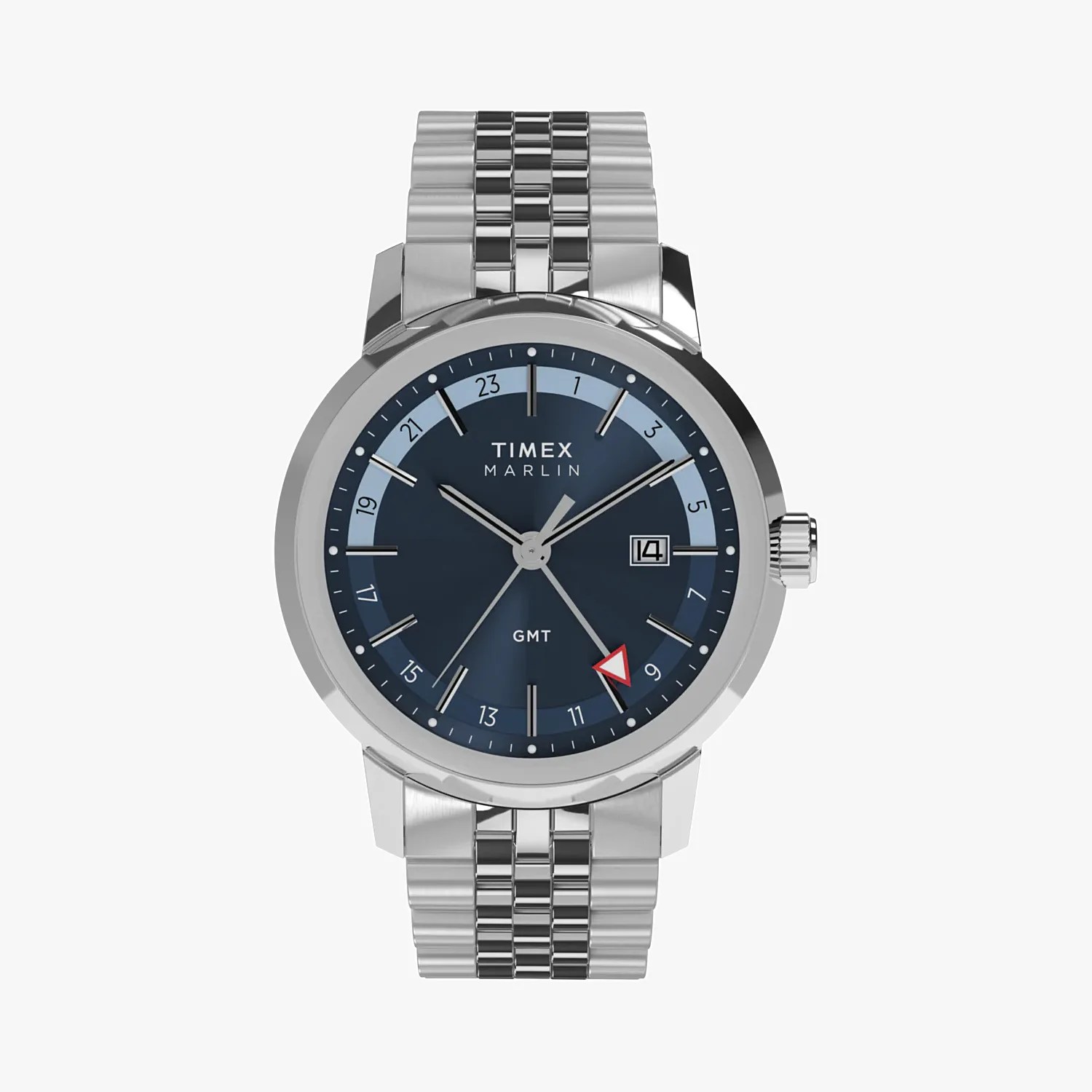 Silver Timex Marlin GMT watch with blue dial, date window, and stainless steel bracelet.