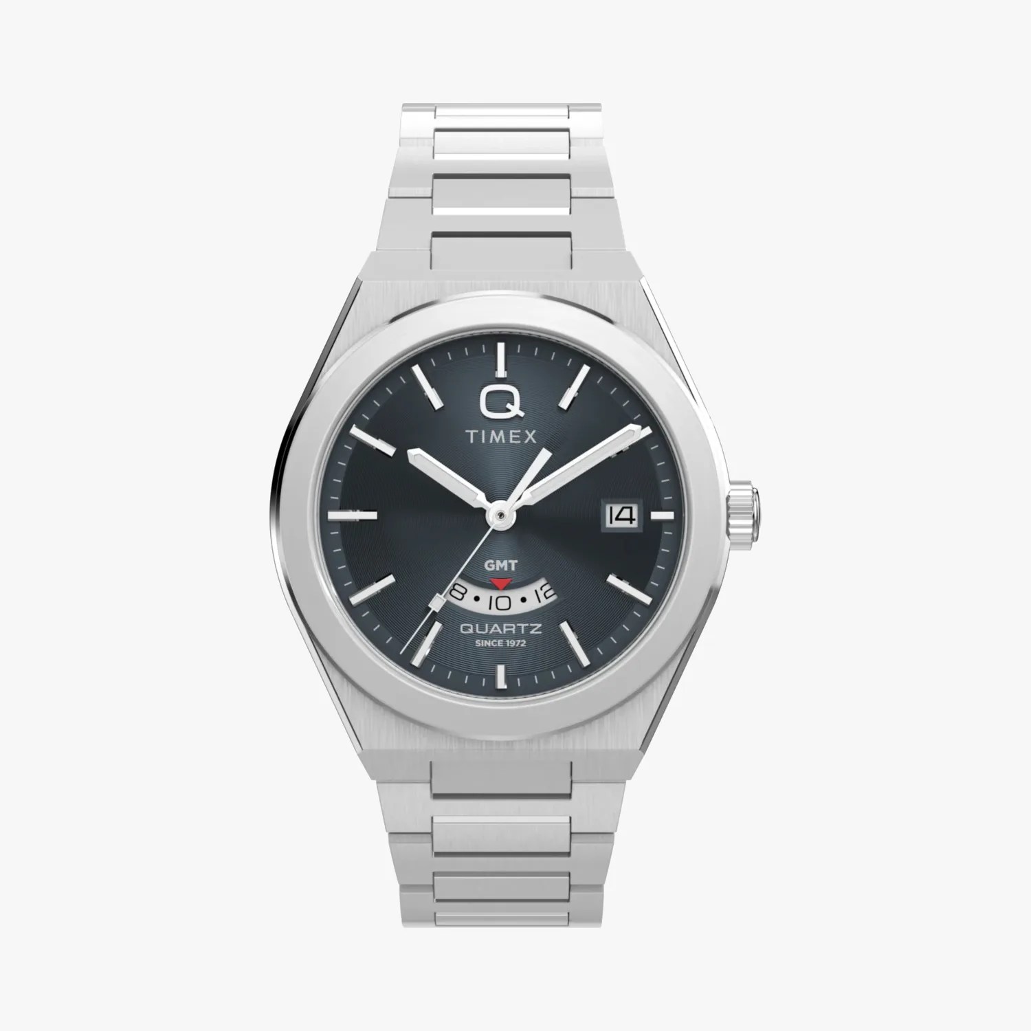 Silver stainless steel Timex wristwatch with black dial, date window, and GMT subdial.