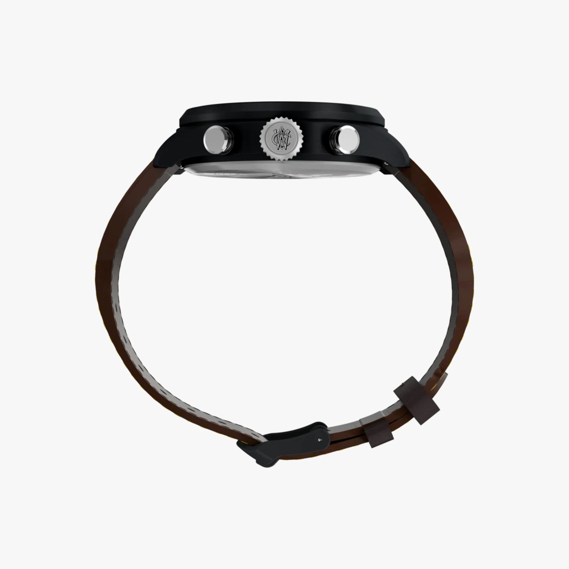 Side view of a black watch case with silver crown and pushers, attached to a brown leather strap.