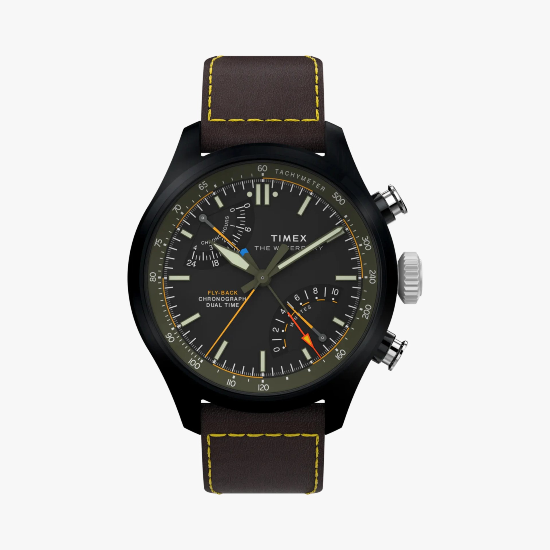 Black Timex chronograph watch with tachymeter scale, dark dial, orange and yellow accents, and brown leather strap with yellow stitching.