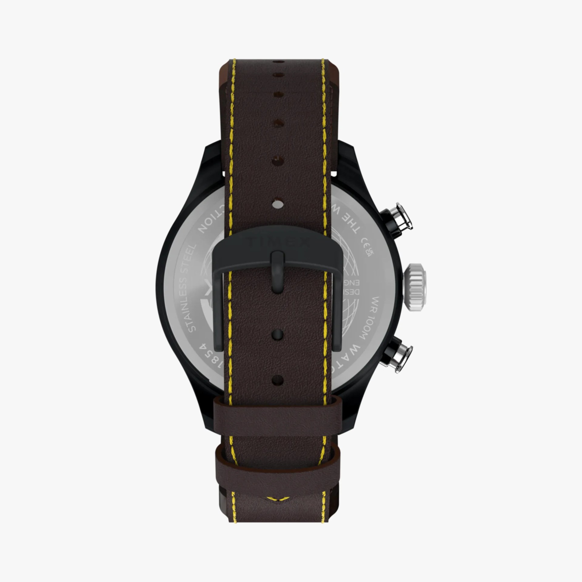 Dark brown leather watch strap with yellow stitching and black buckle on a black watch case.