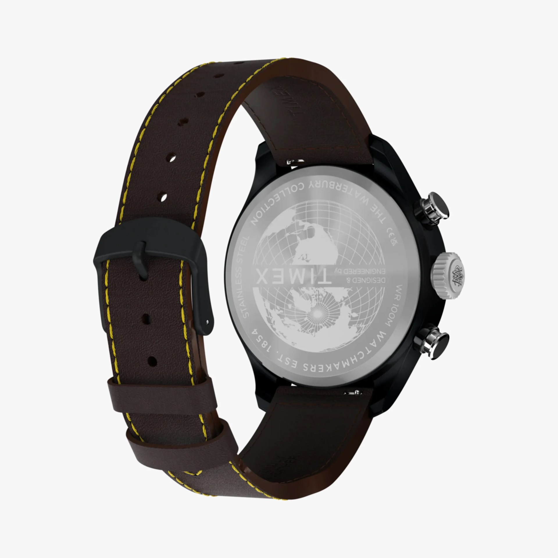 Brown leather watch strap with yellow stitching attached to a black Timex watch case.