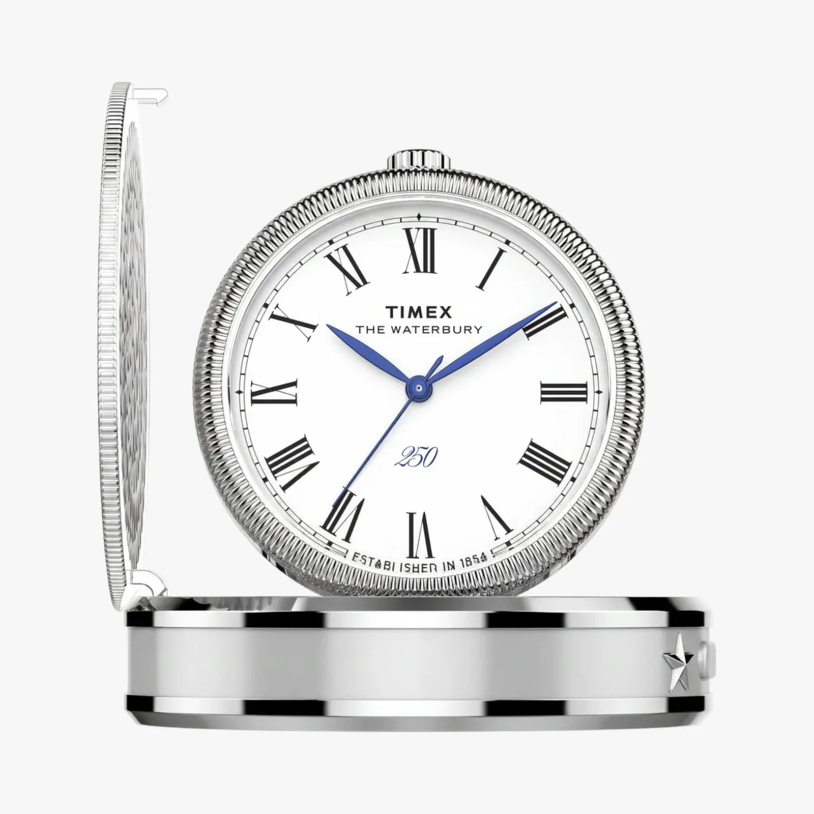 Silver Timex The Waterbury table clock with white face, blue hands, and Roman numerals in an open case.
