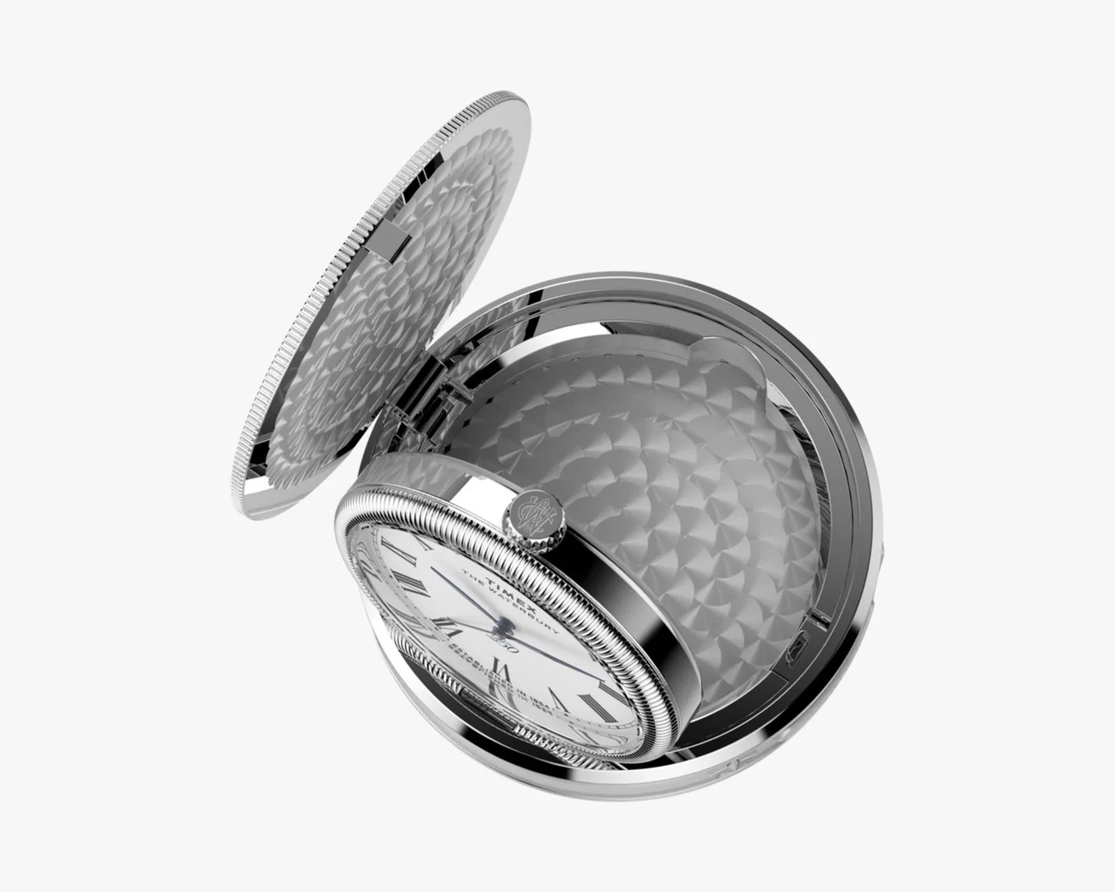 Silver table clock with an open textured cover showing a white dial with Roman numerals.