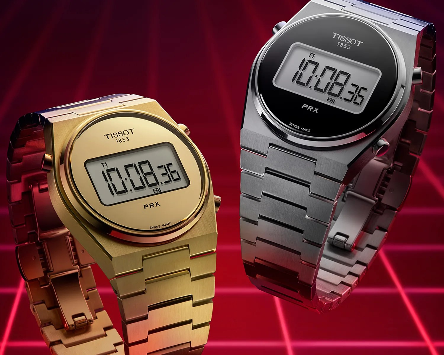 Two Tissot PRX digital watches, one gold-tone and one silver-tone, with rectangular digital displays on a red grid background.