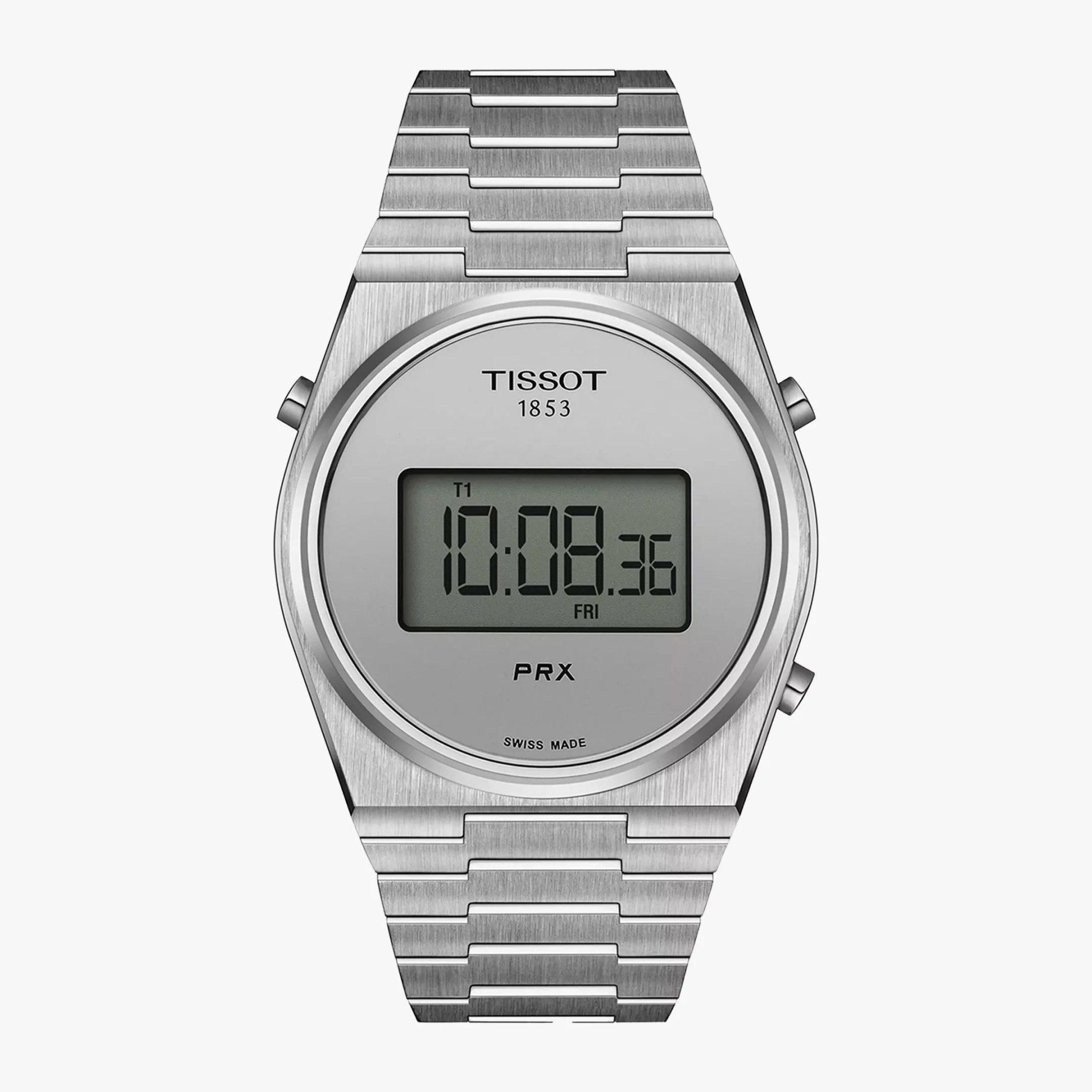 Silver stainless steel Tissot PRX digital watch with a rectangular digital display and integrated bracelet.