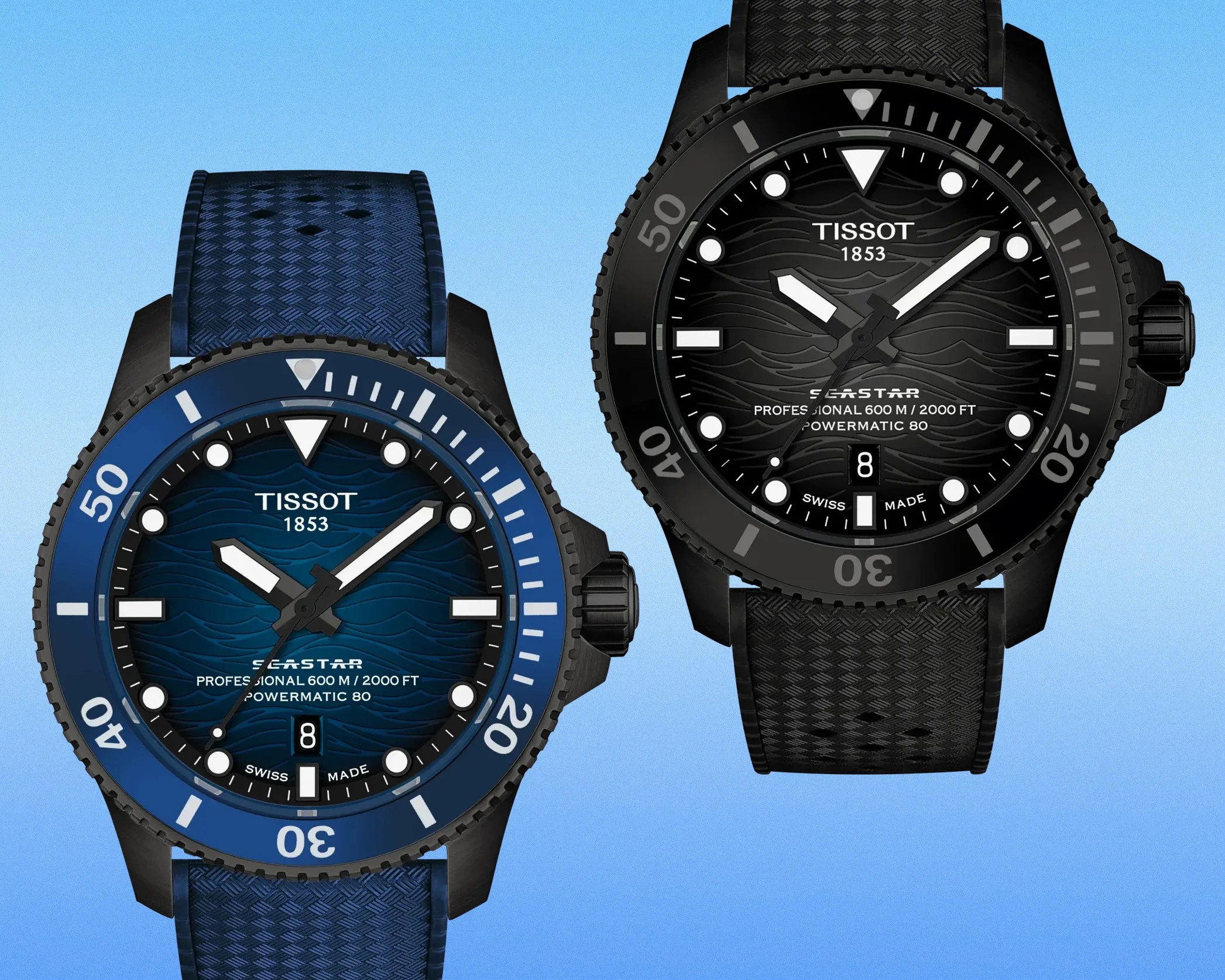 Two Tissot Seastar dive watches, one with a blue dial and strap, the other with a black dial and strap, both with wave patterns.