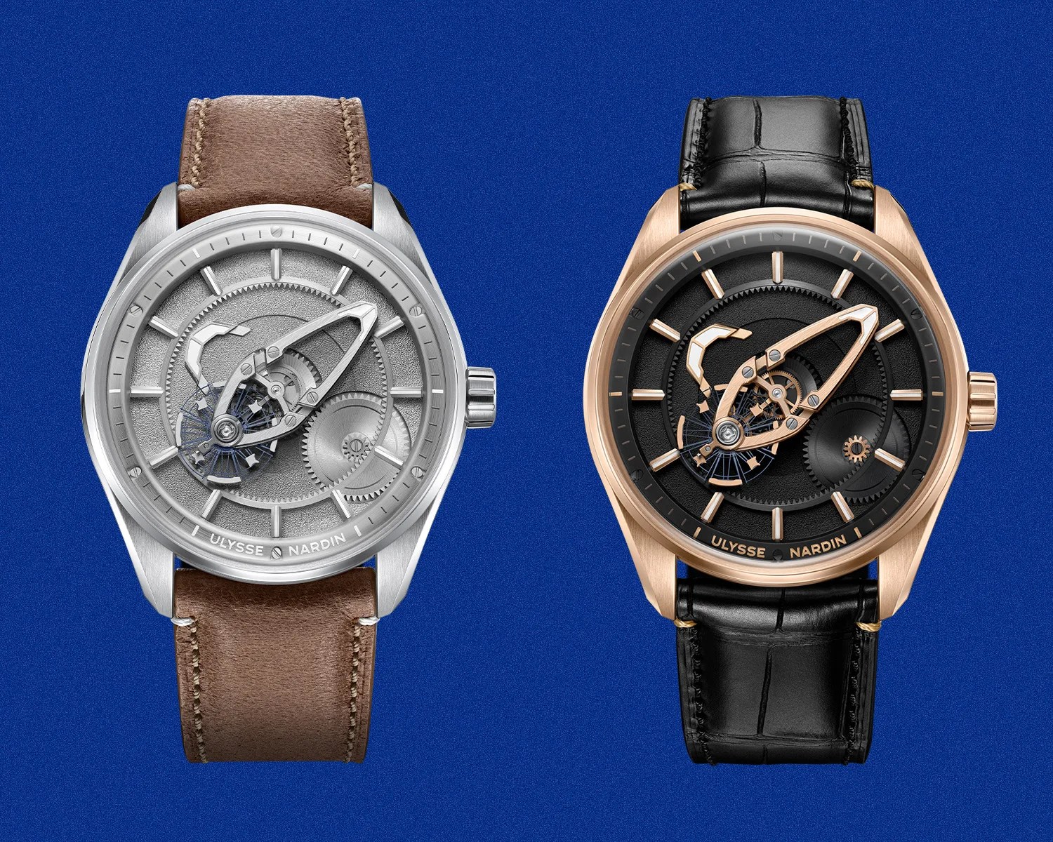 Two Ulysse Nardin wristwatches side by side, one with a silver case and brown leather strap, the other with a rose gold case and black leather strap.