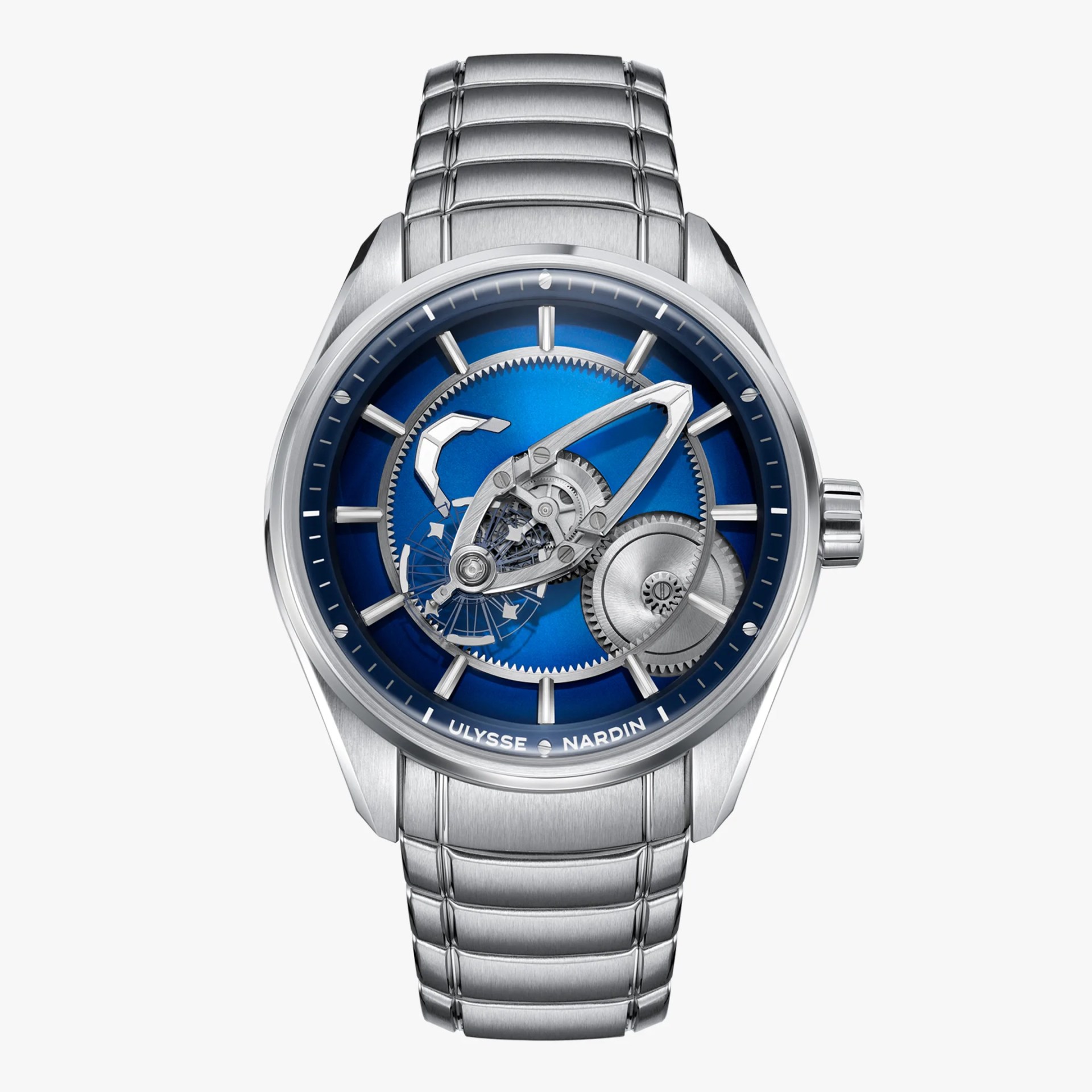 Silver stainless steel wristwatch with blue skeleton dial and visible gears, branded Ulysse Nardin.