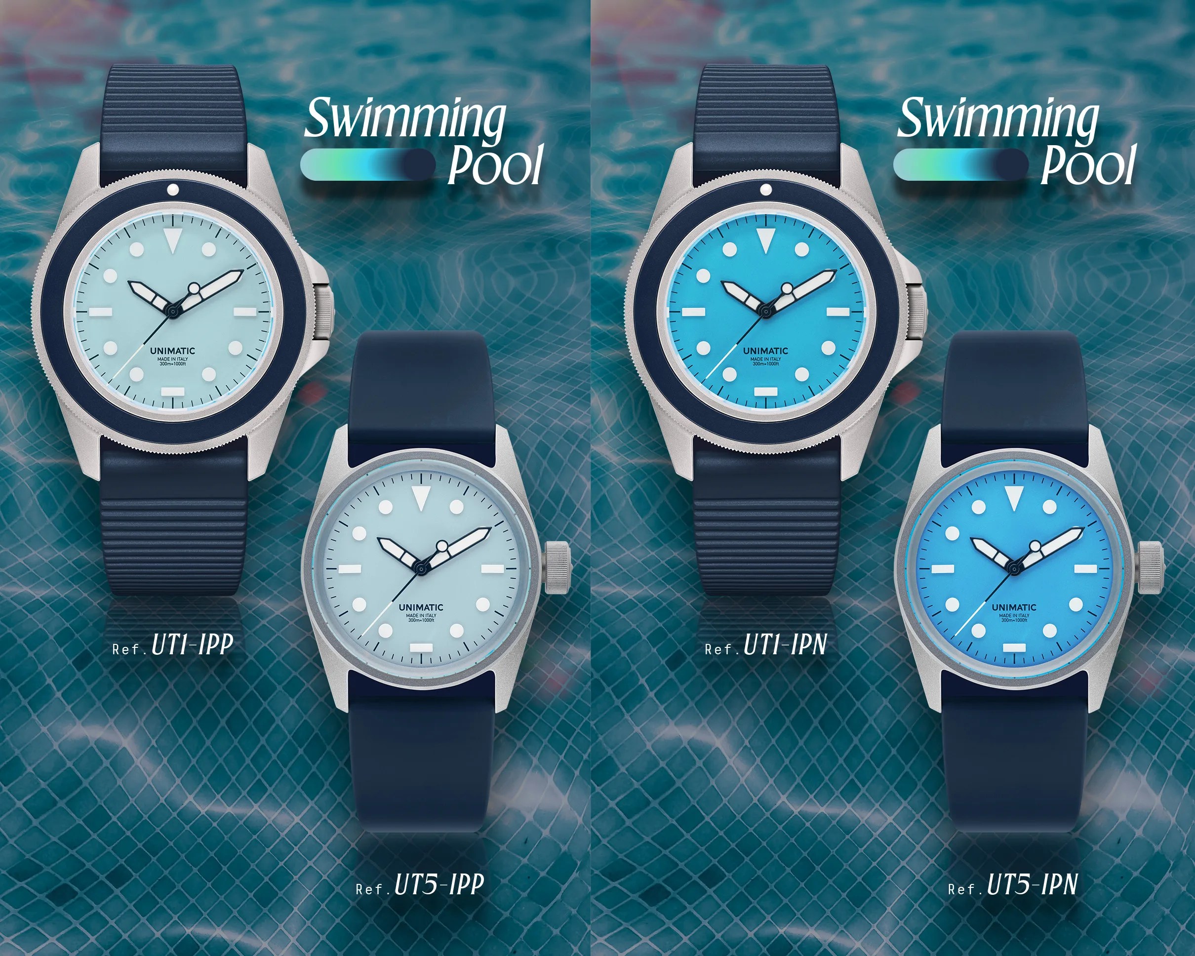 Two pairs of Unimatic swimming pool watches with blue dials and navy blue straps, labeled UT1-IPP, UT5-IPP on the left and UT1-IPN, UT5-IPN on the right.