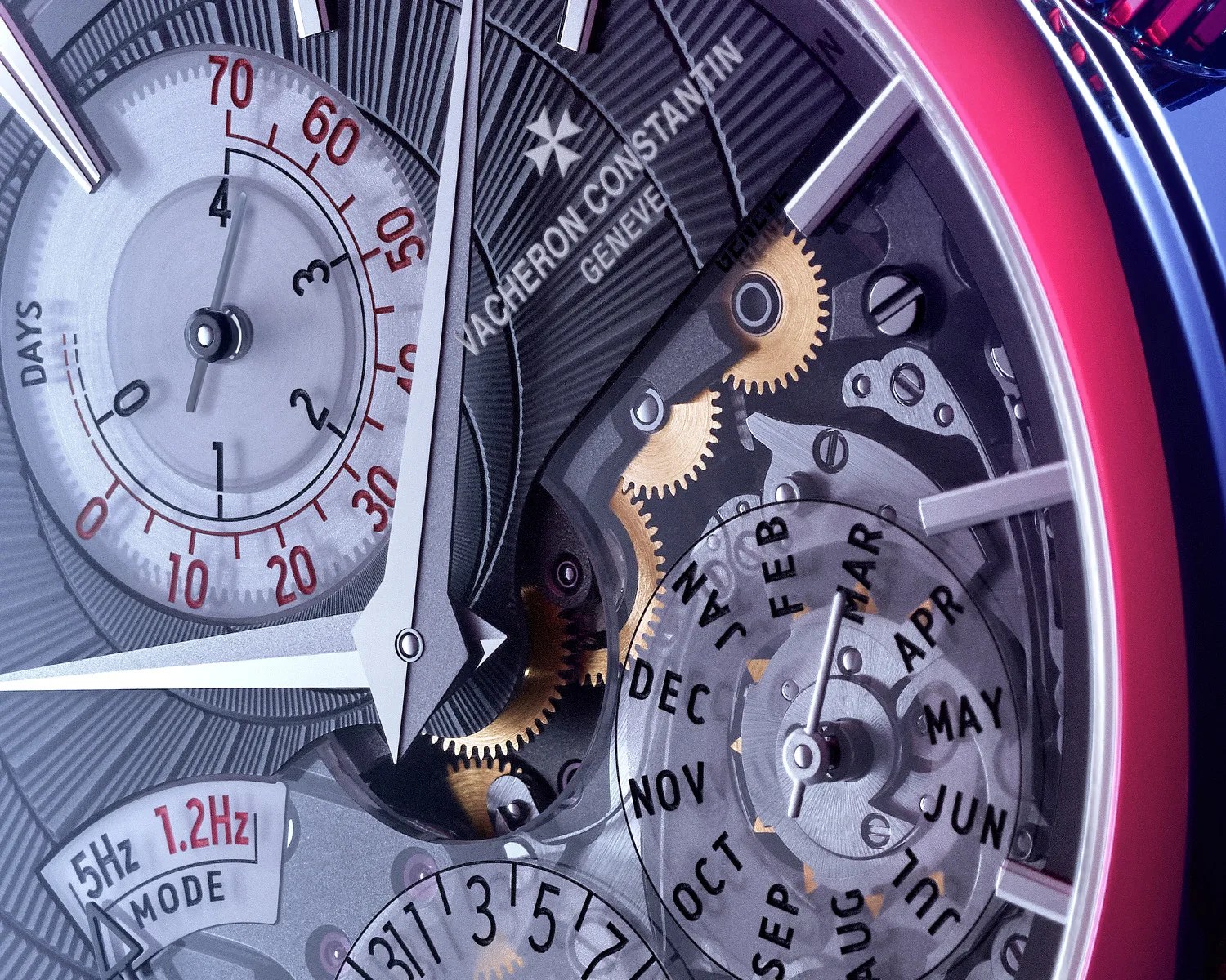 Close-up of a Vacheron Constantin watch face showing gears, month dial, power reserve indicator, and detailed hands.
