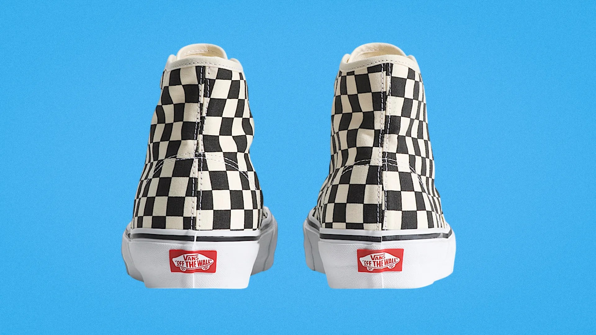 Pair of black-and-white checkered Vans high-top sneakers shown from the back on a blue background.