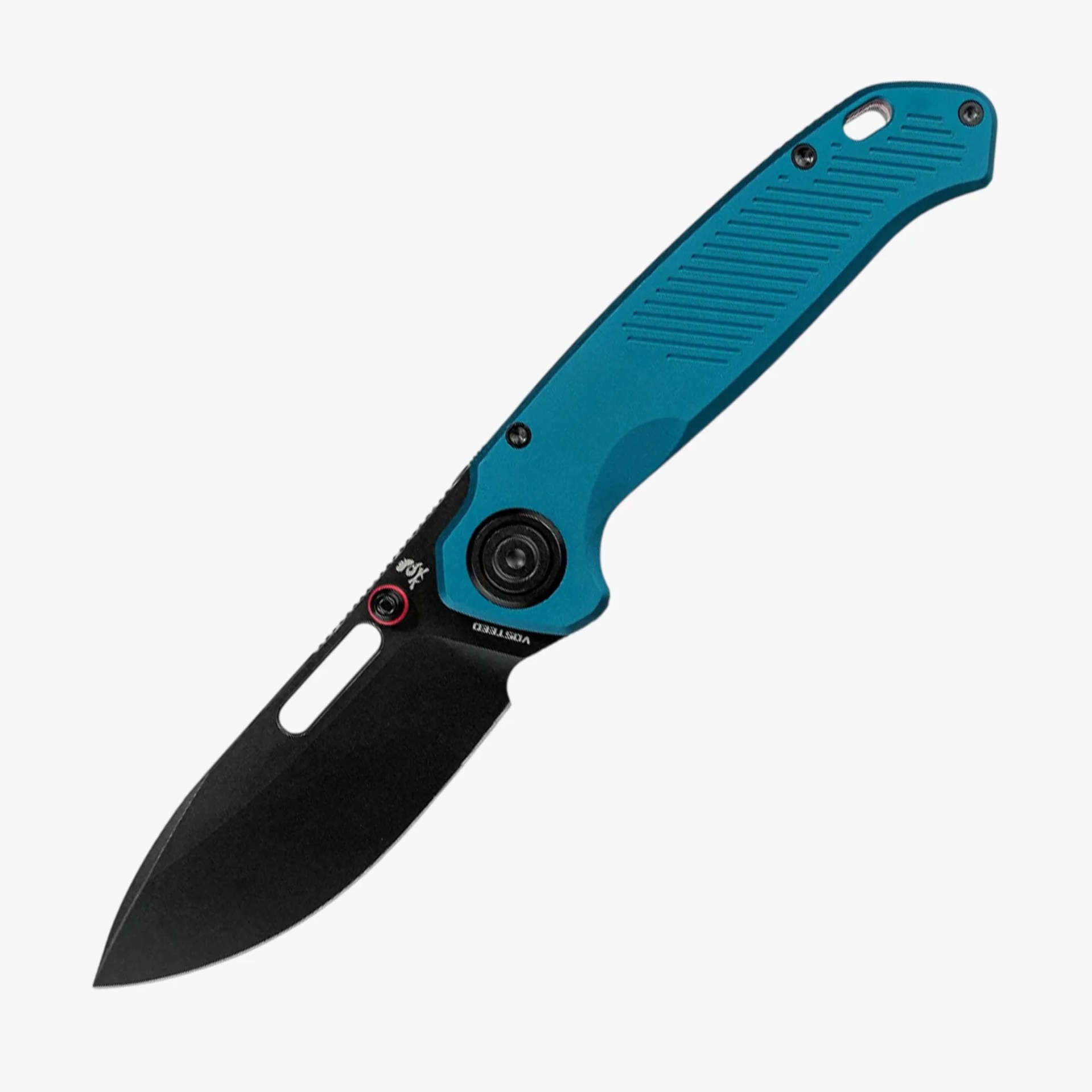 Black folding knife blade with teal textured handle and visible screws.