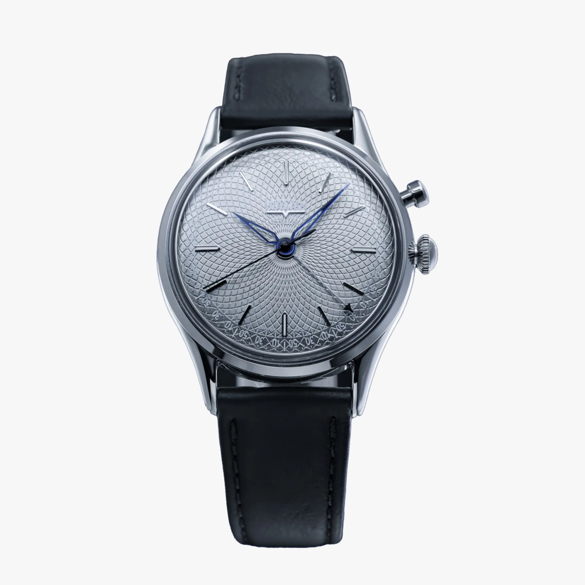 Silver wristwatch with intricate patterned dial, blue hands, and black leather strap.