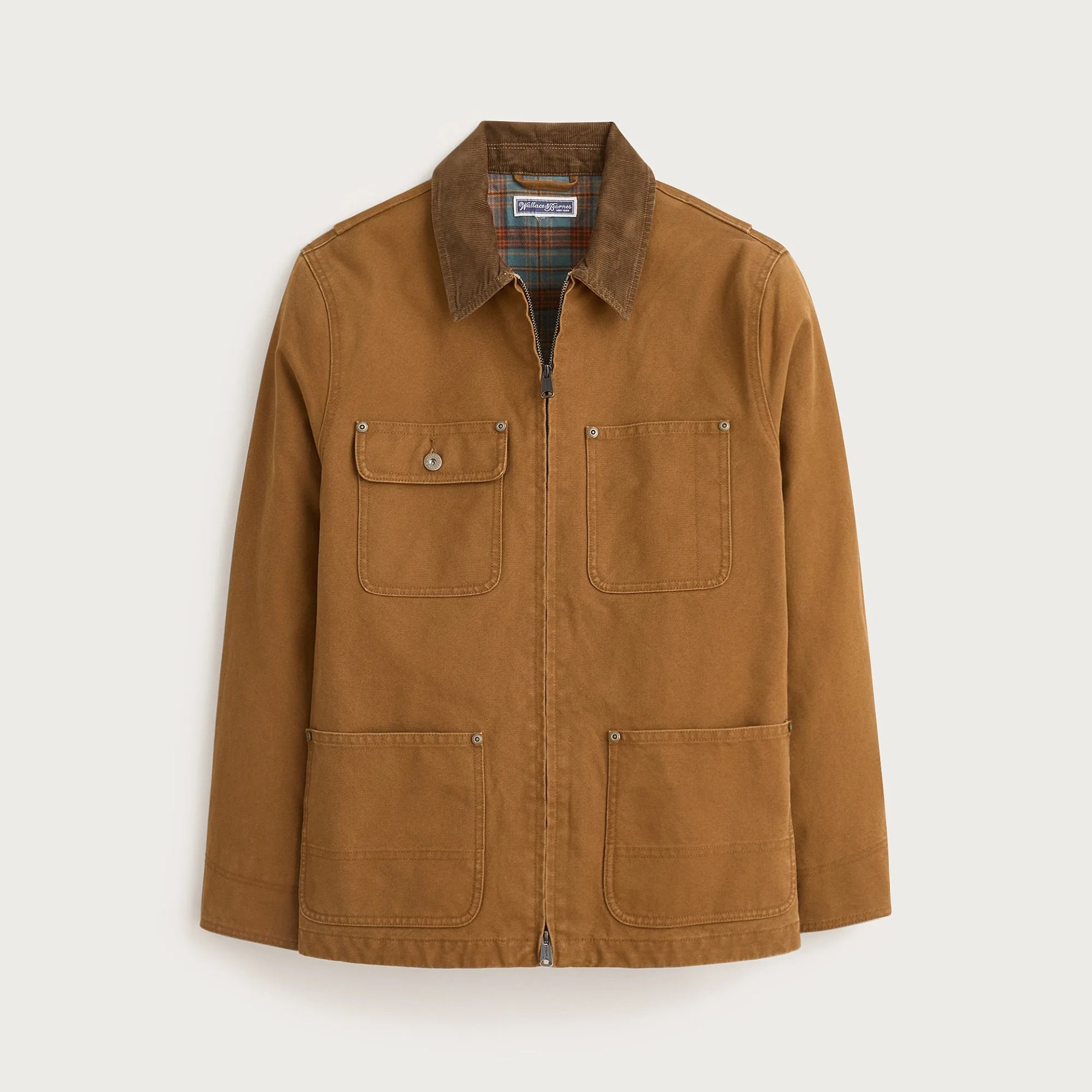 Brown canvas jacket with corduroy collar and plaid lining, featuring four front pockets and a zipper closure.