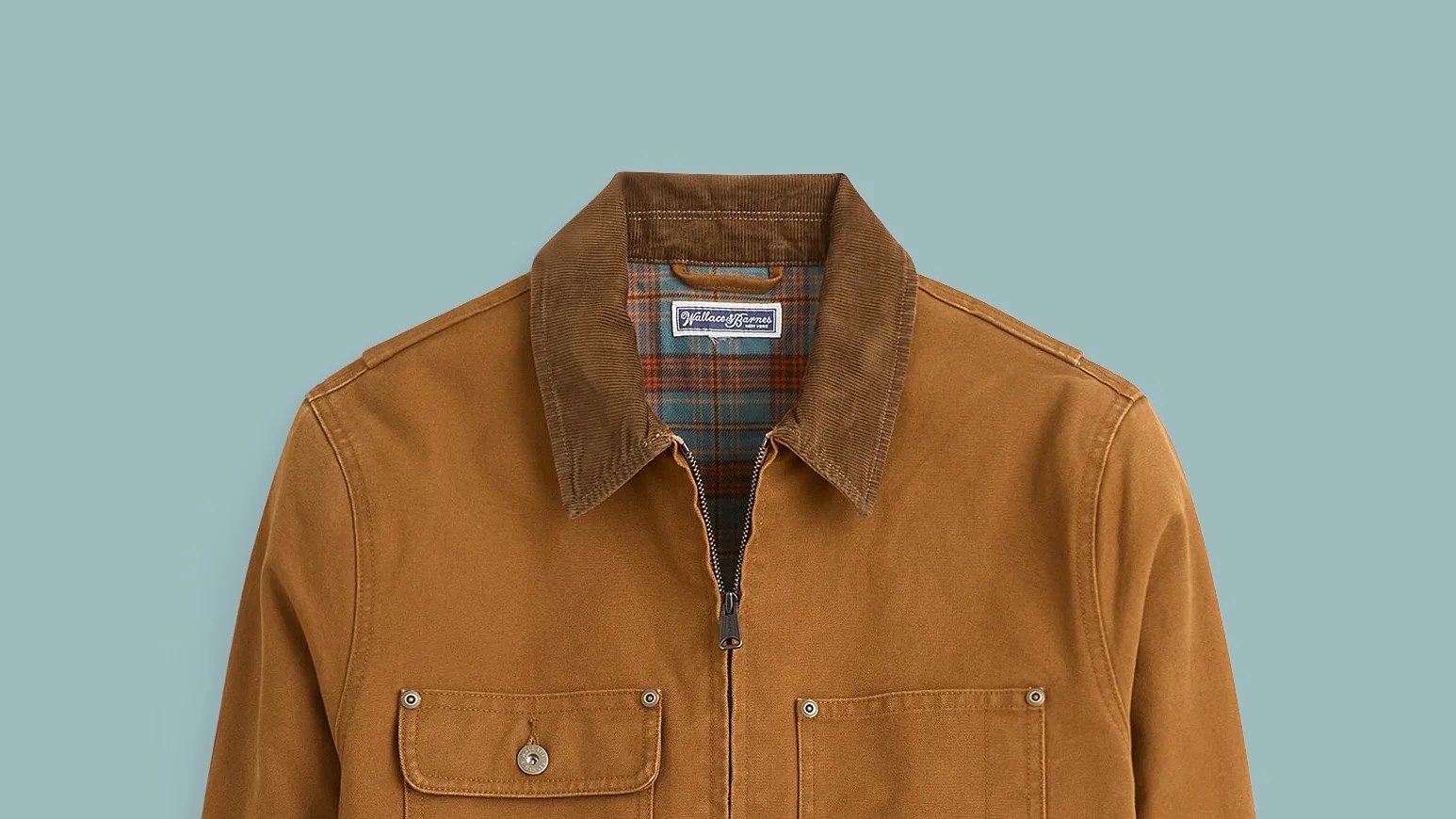 Brown canvas jacket with corduroy collar and plaid lining, featuring a front zipper and buttoned chest pockets.