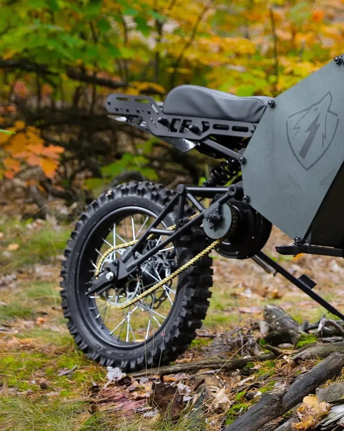 Rear section of a black off-road electric bike with knobby tires and a gold chain in a forest setting.