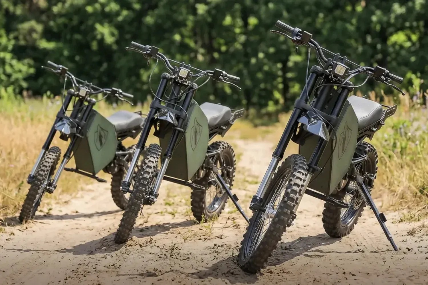 Three green off-road electric dirt bikes with knobby tires parked on a dirt path with trees in the background.