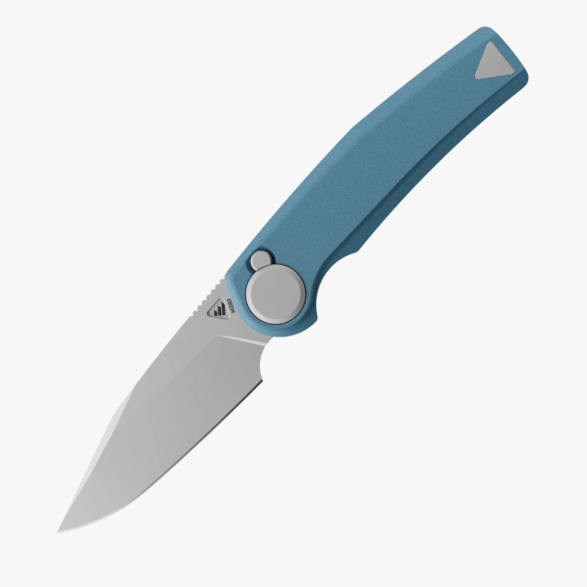 Blue folding knife handle with a partially visible silver blade marked M390 steel.