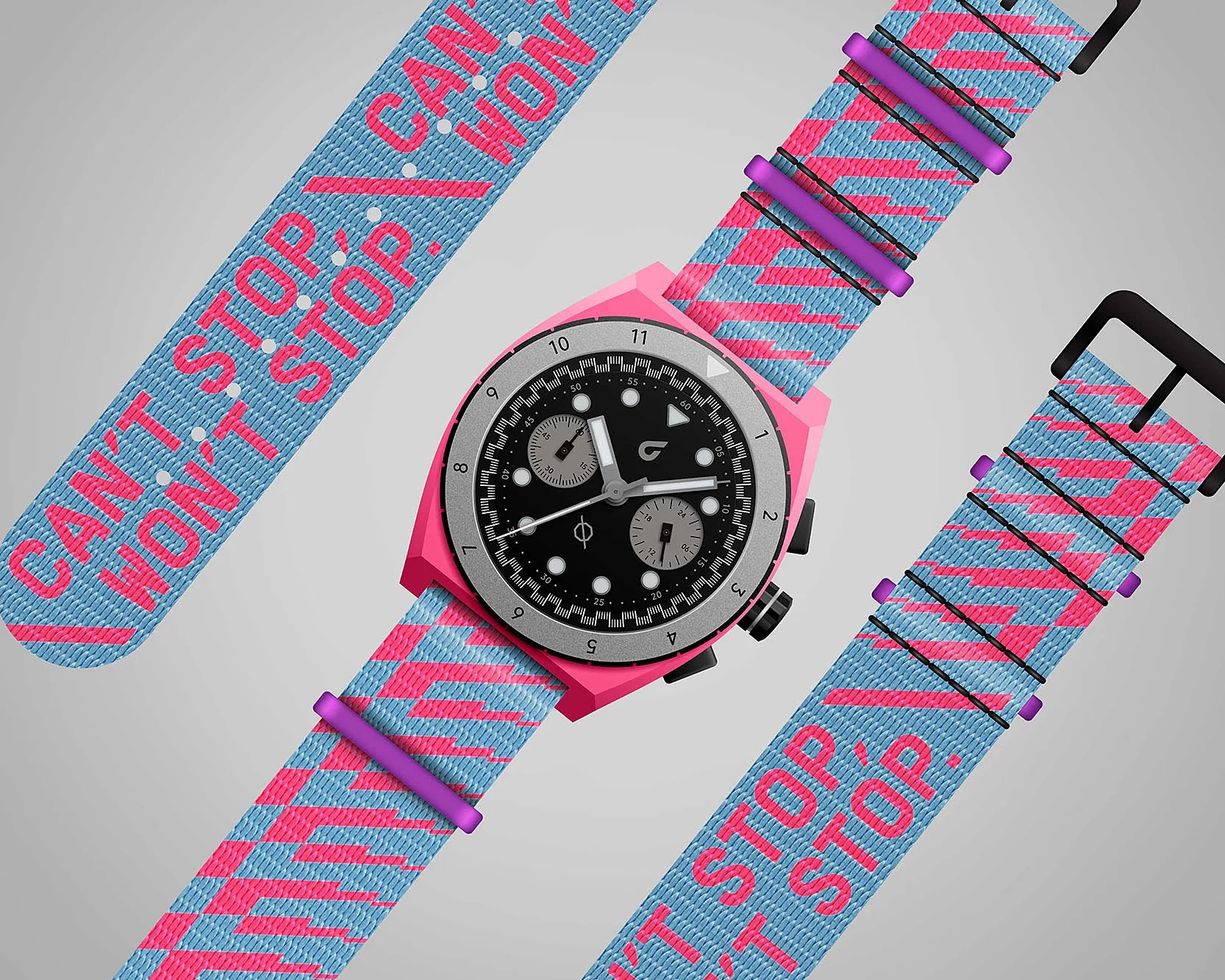 Pink watch with black dial and silver bezel on a blue and pink woven strap with "CAN'T STOP WON'T STOP" text.