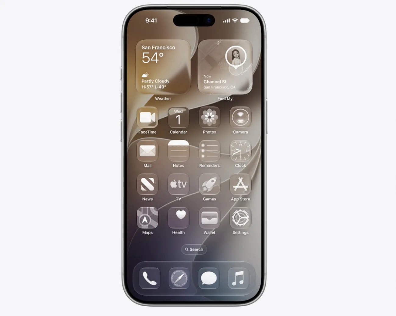 Smartphone with a dark-themed home screen displaying weather, calendar, and various app icons.