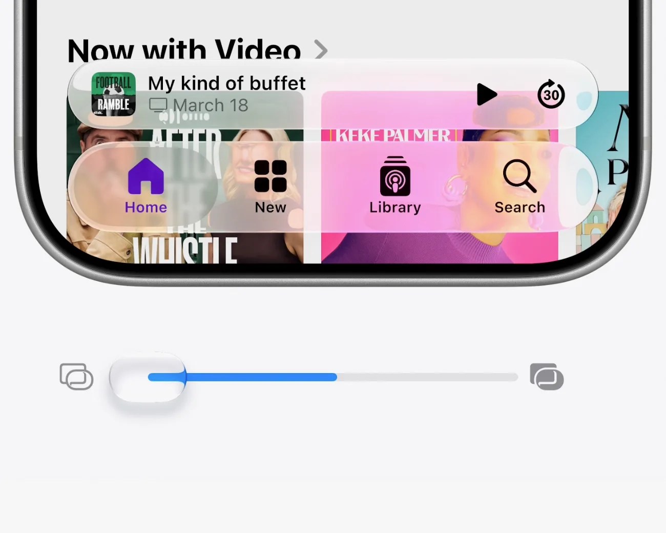 Close-up of a smartphone screen showing a podcast app interface with playback controls and navigation icons.