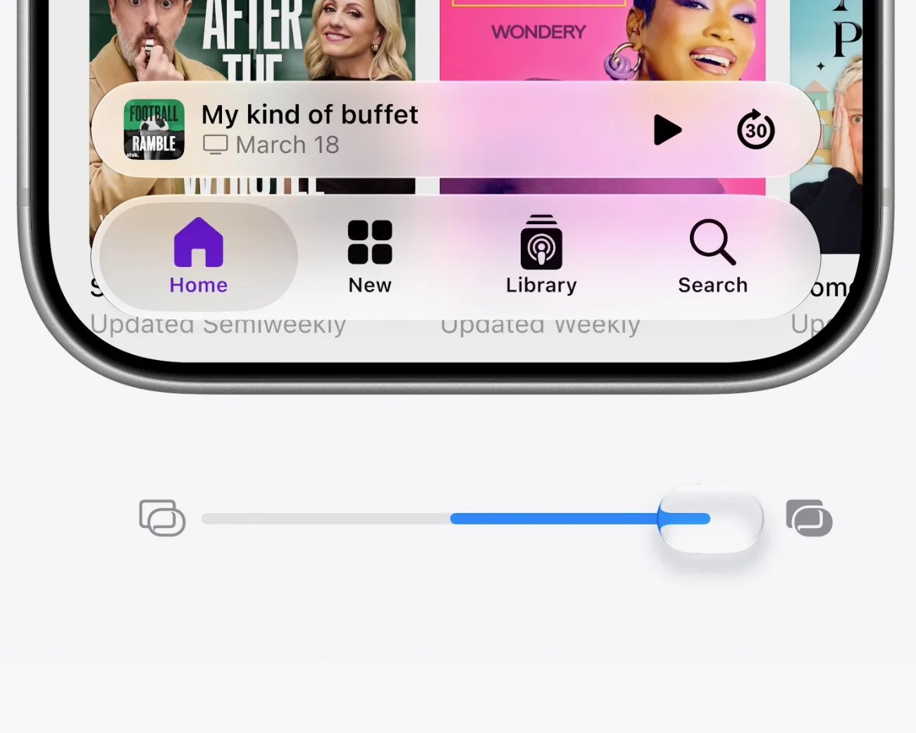 Close-up of a smartphone screen showing a podcast app interface with playback controls and a volume slider below.