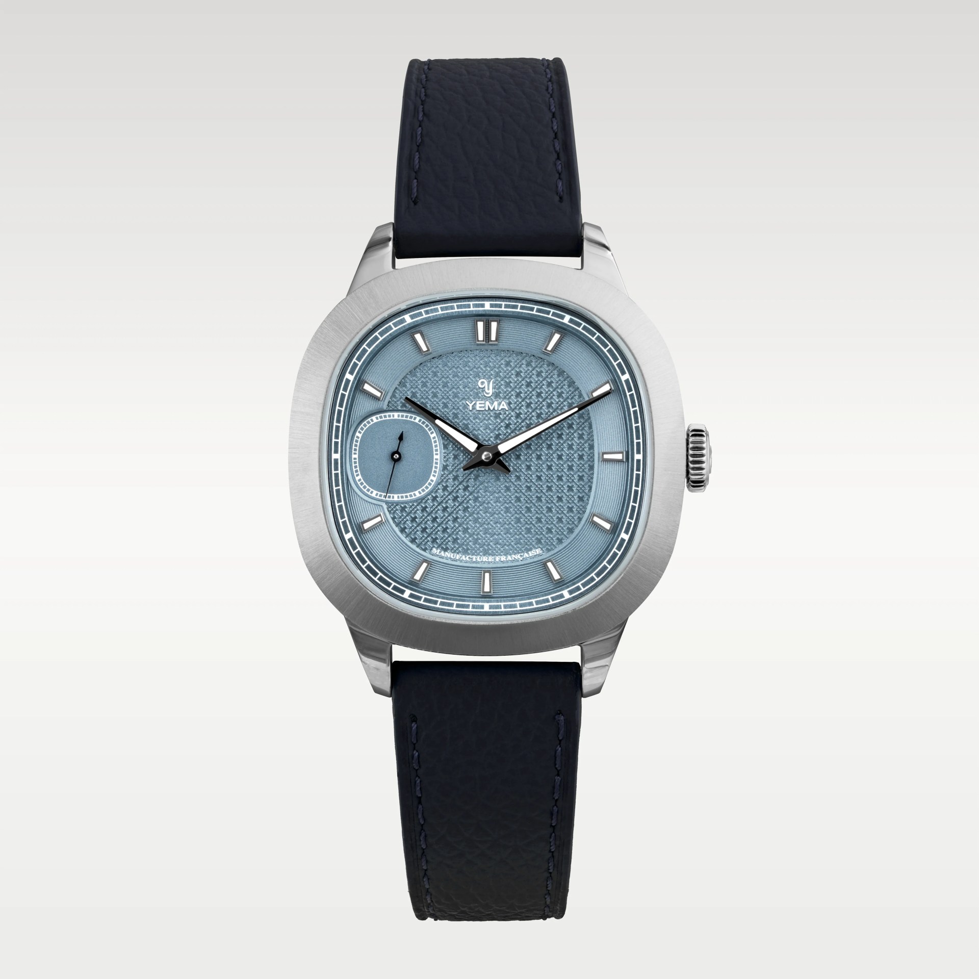 Silver cushion-case watch with textured blue dial, black leather strap, and small seconds subdial at 9 o'clock.