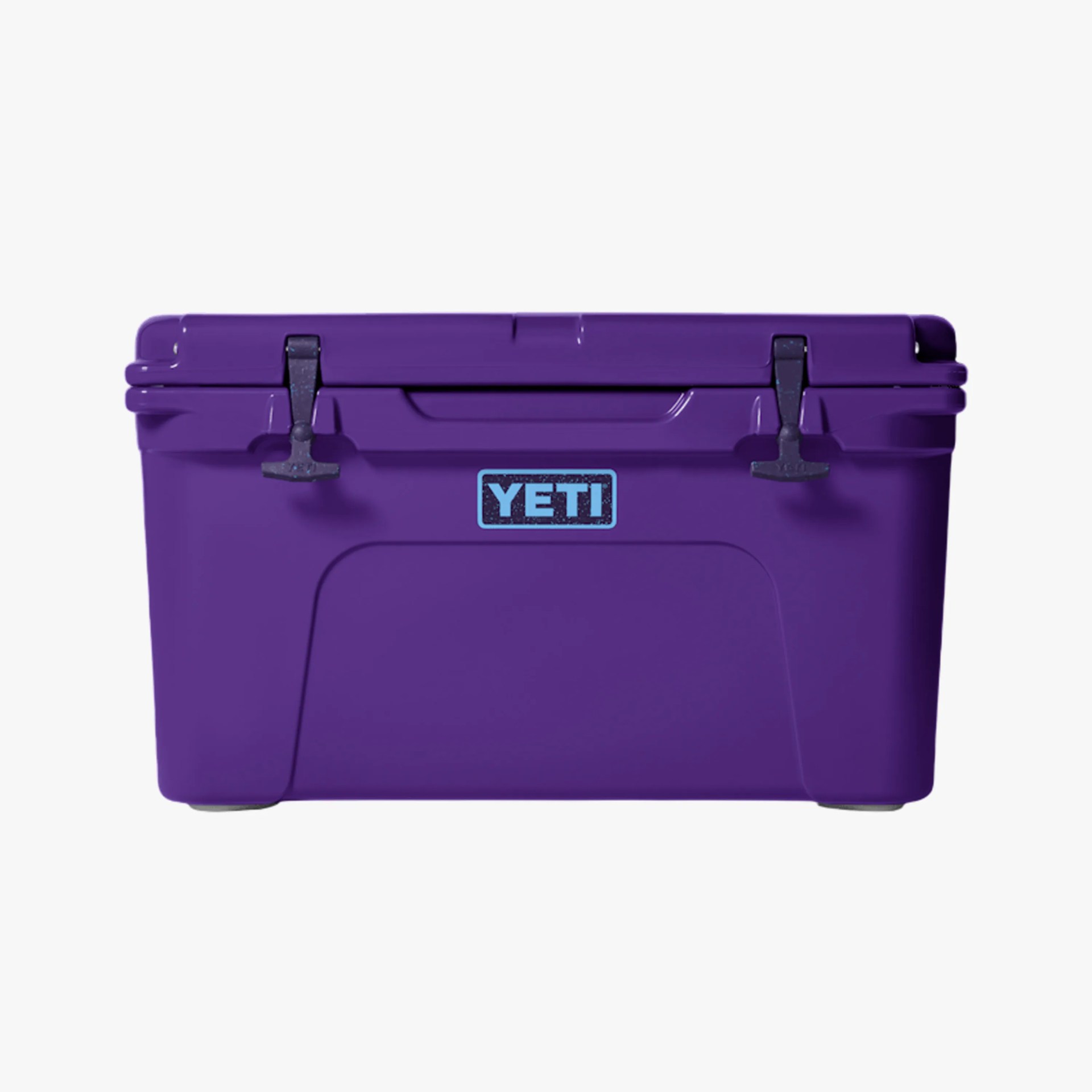 Purple YETI cooler with black latches and a blue logo on the front.