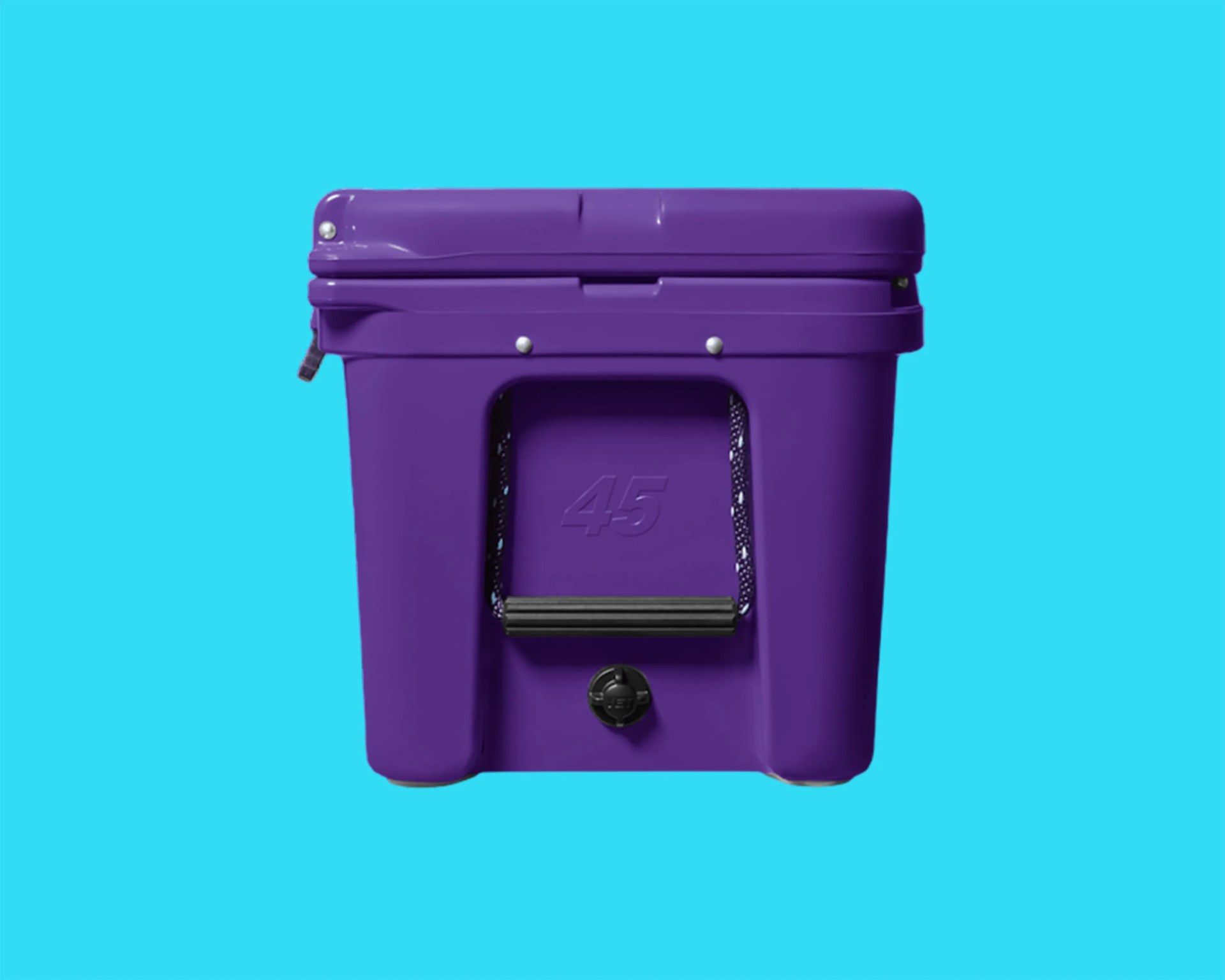 Purple hard-sided cooler with a black handle and drain plug on a blue background.