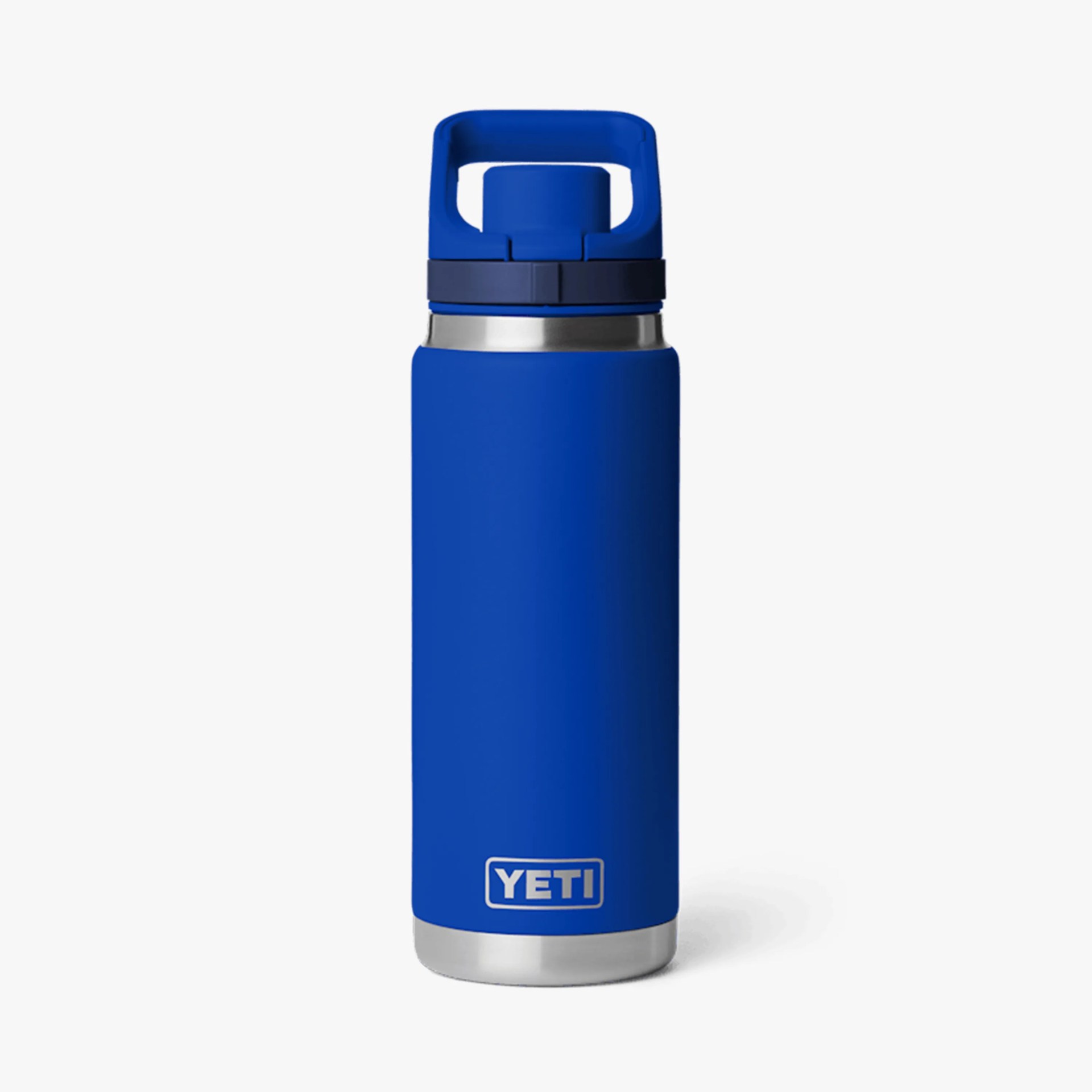 Blue YETI insulated stainless steel water bottle with a wide handle lid and silver base.